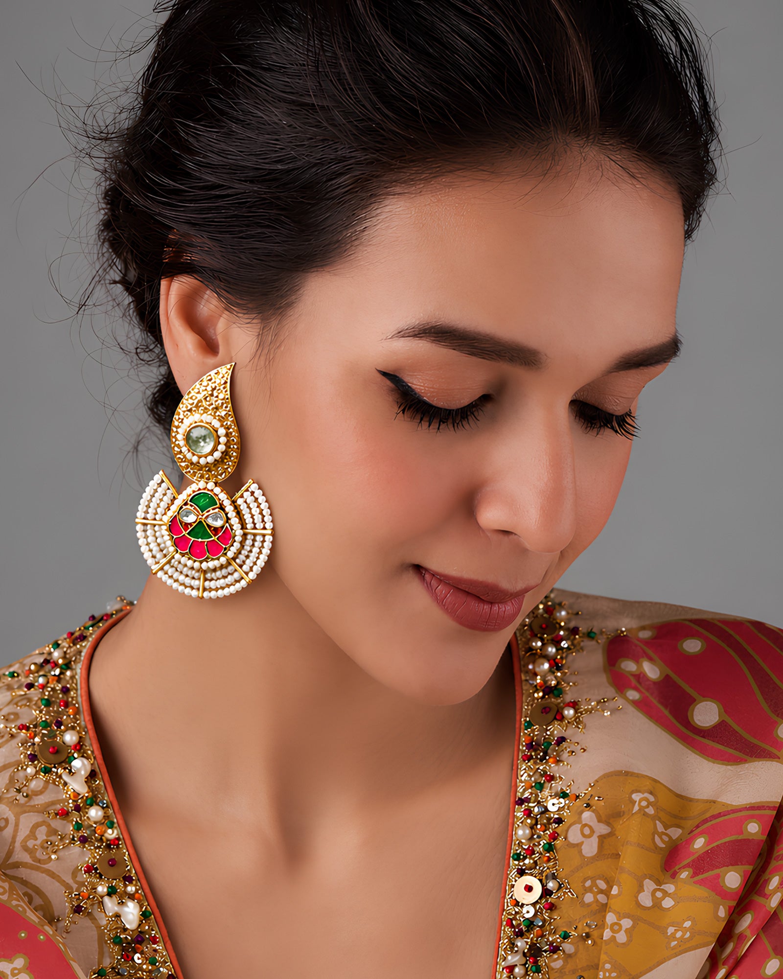 Golden Paisley & Pearl Fan Drop Earrings