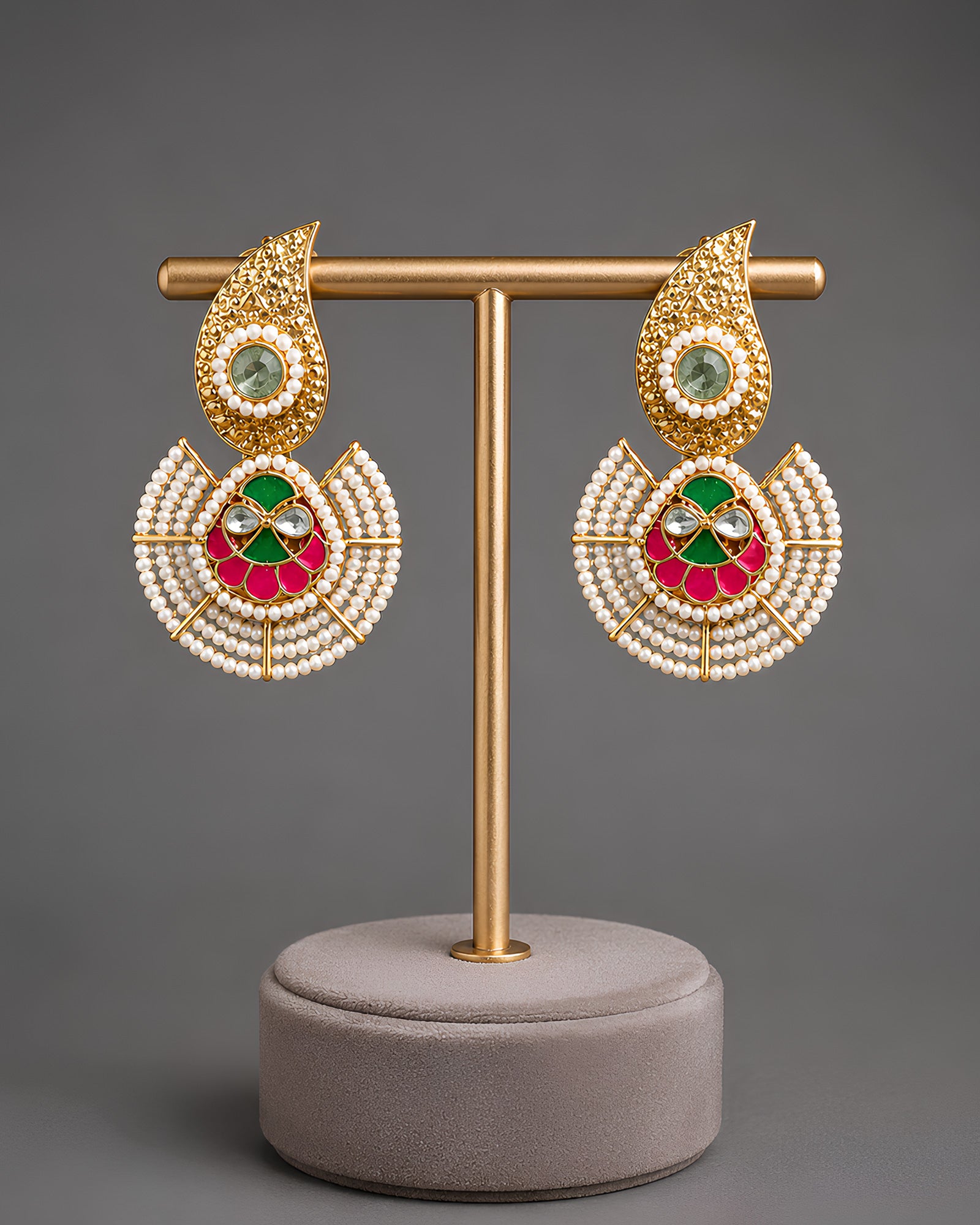 Golden Paisley & Pearl Fan Drop Earrings