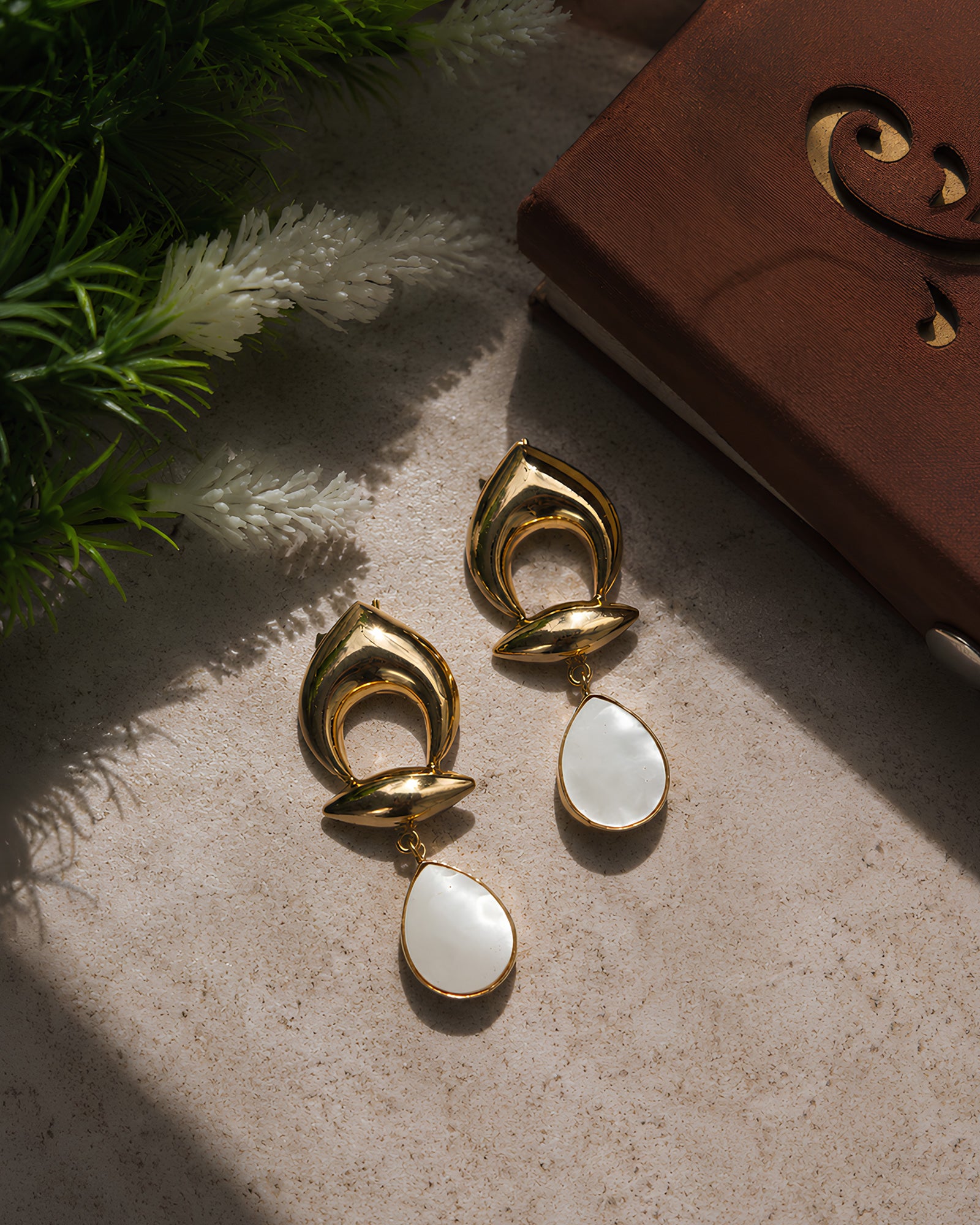 Golden Sculpted Pearl Drop Earrings