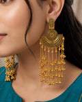 Golden Sunburst Medallion Tassel Earrings