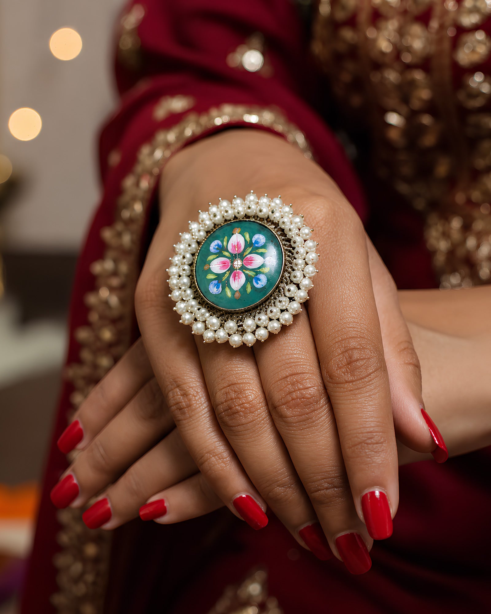 Hand-Painted Teal Floral Pearl Statement Ring