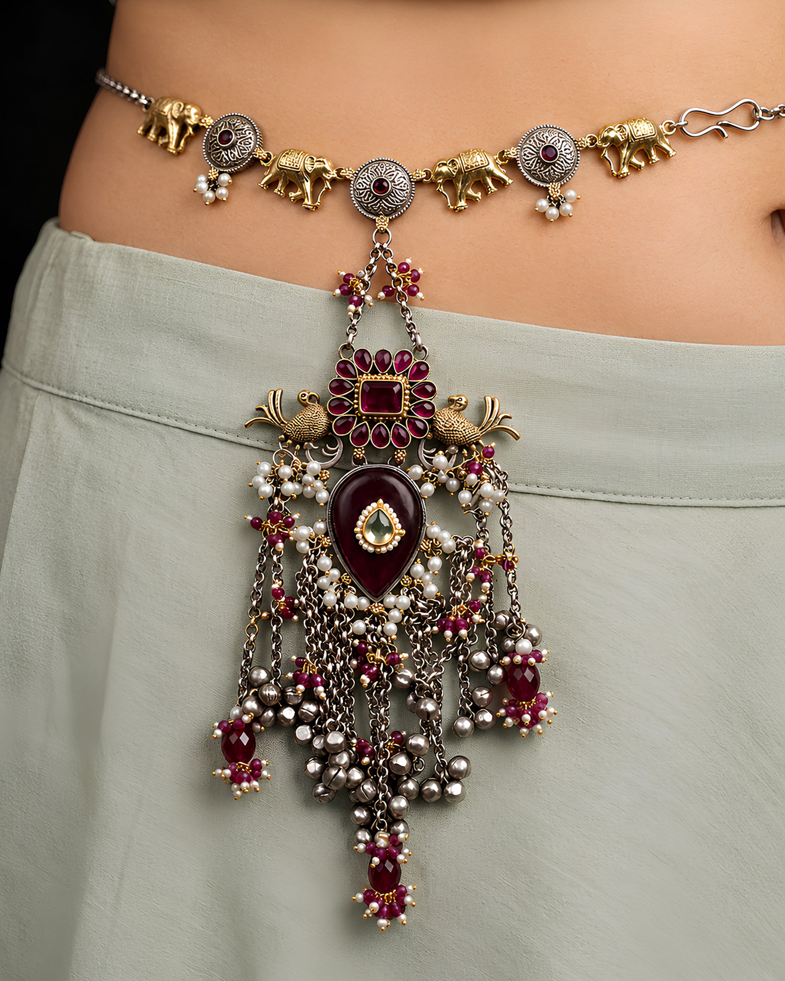 Heritage Elephant & Ruby Medallion Dual-Tone Kamarbandh