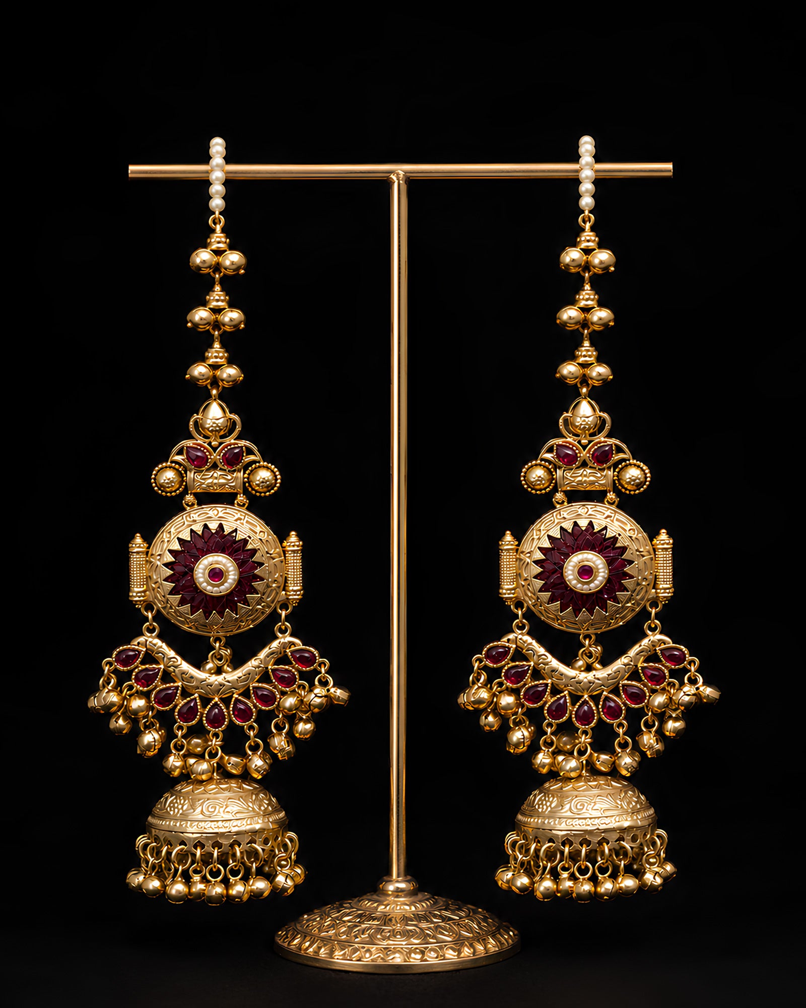 Heritage Gold & Maroon Stone Ear-Chain Jhumkas