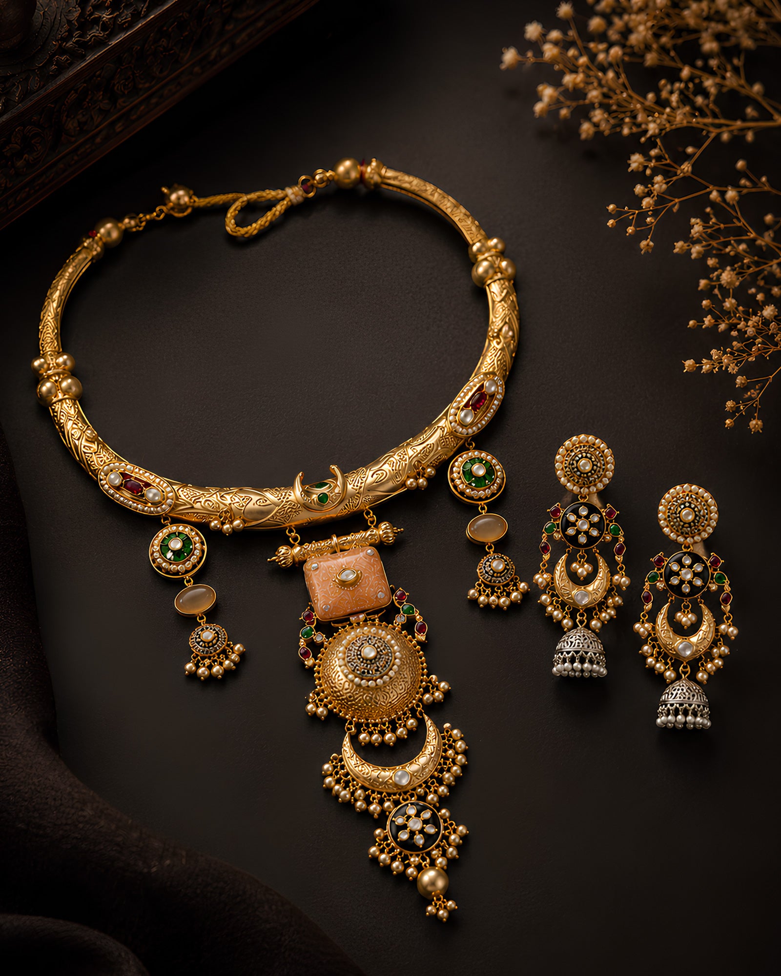 Heritage Gold-Tone Ornate Statement Necklace Set