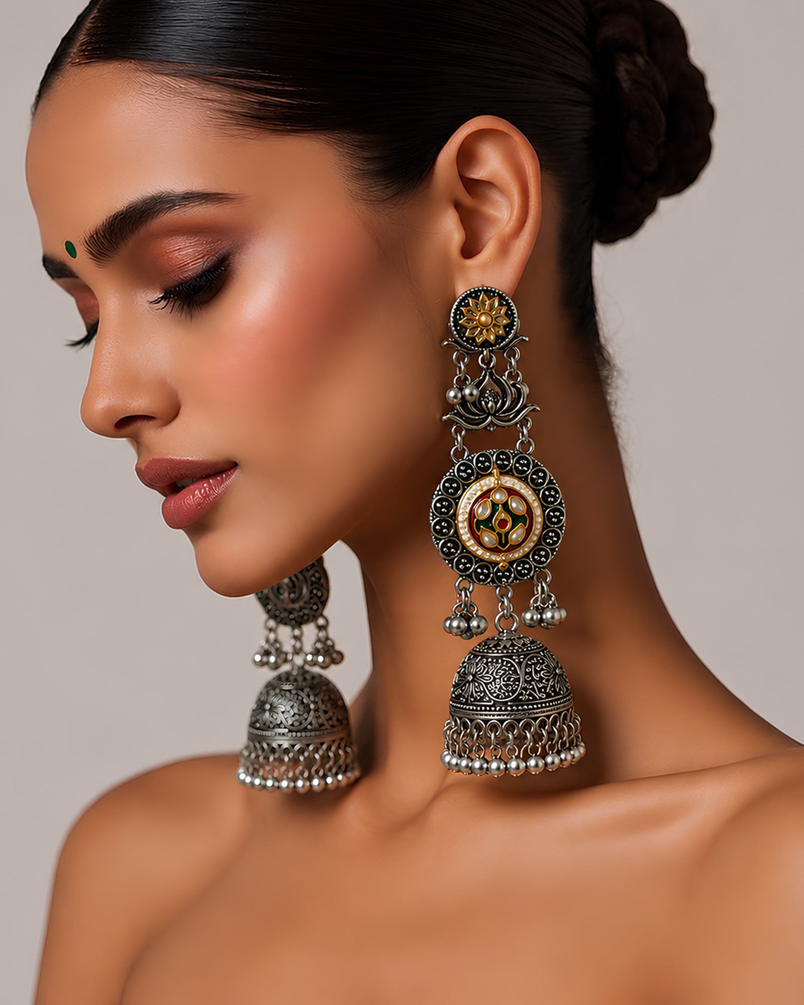 Heritage Mandala Meenakari Oxidized Jhumkas