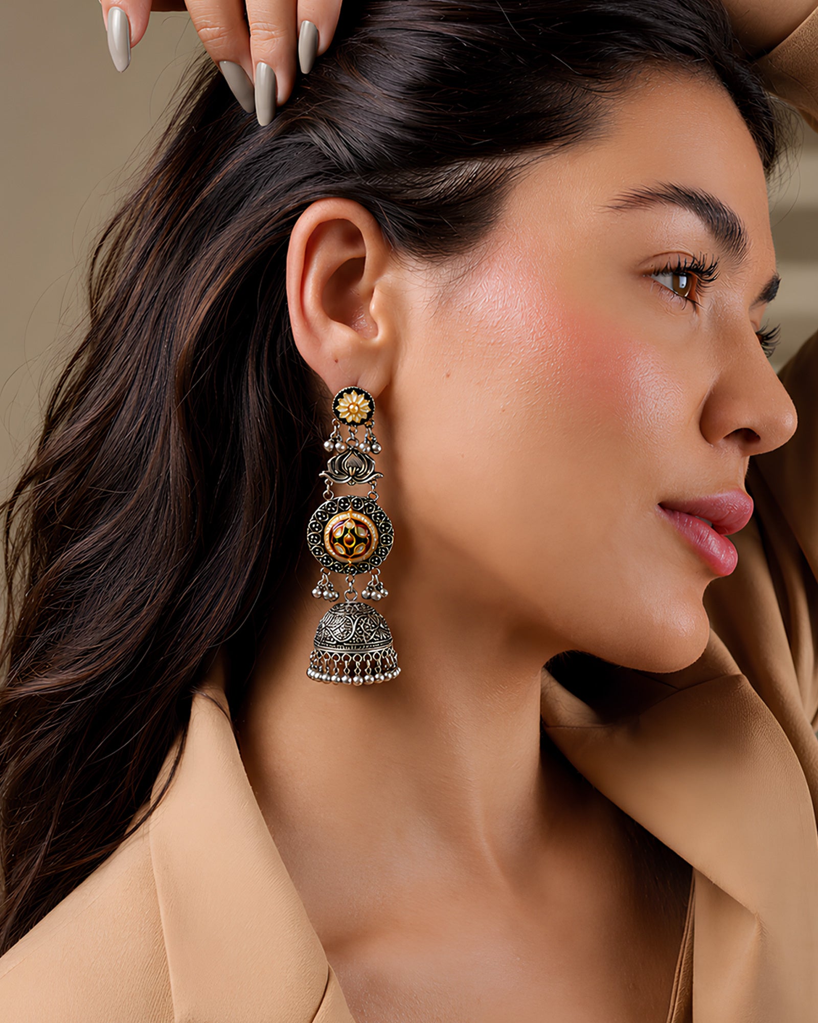 Heritage Mandala Meenakari Oxidized Jhumkas