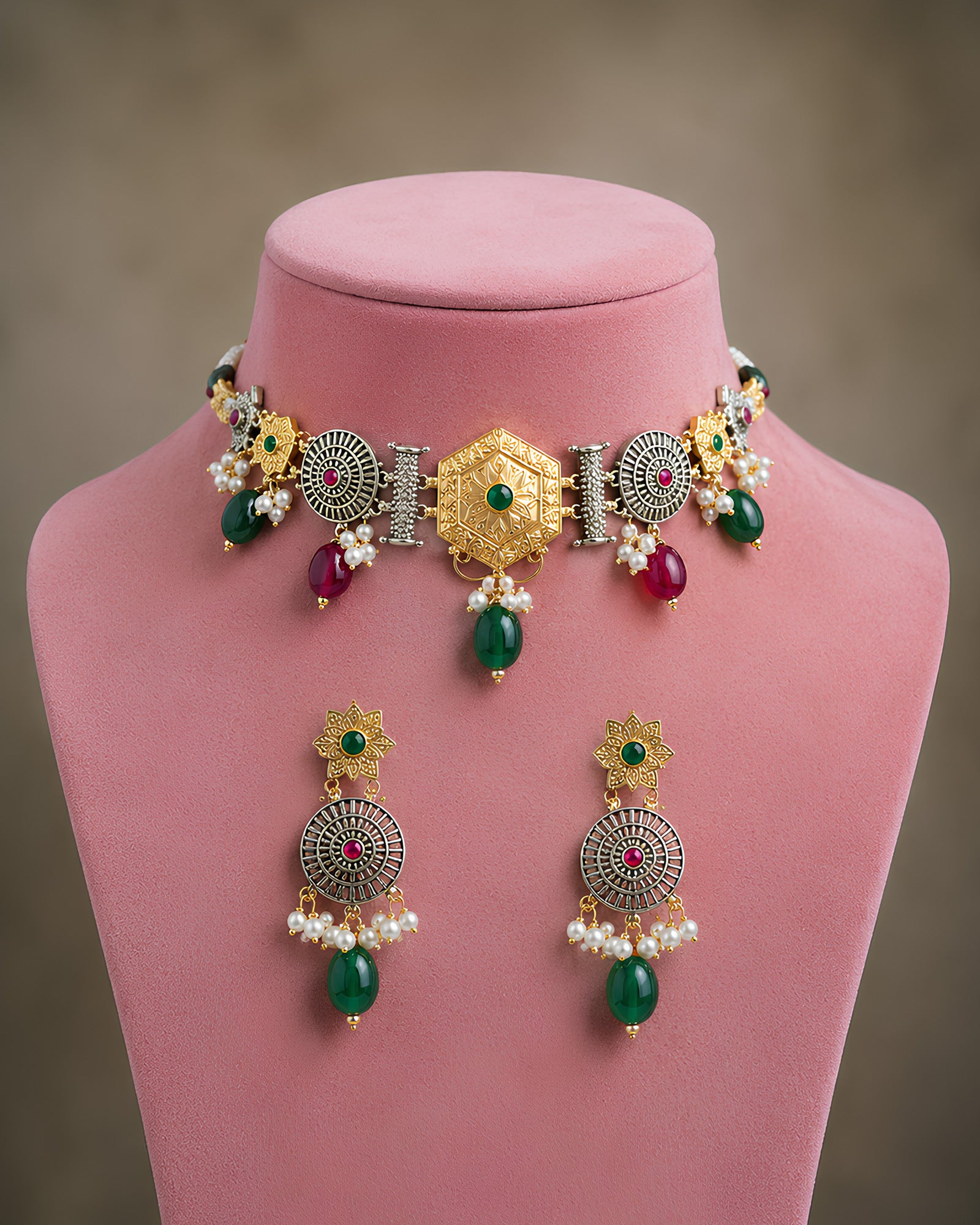 Hexagonal Motif Enamel & Pearl Choker Necklace