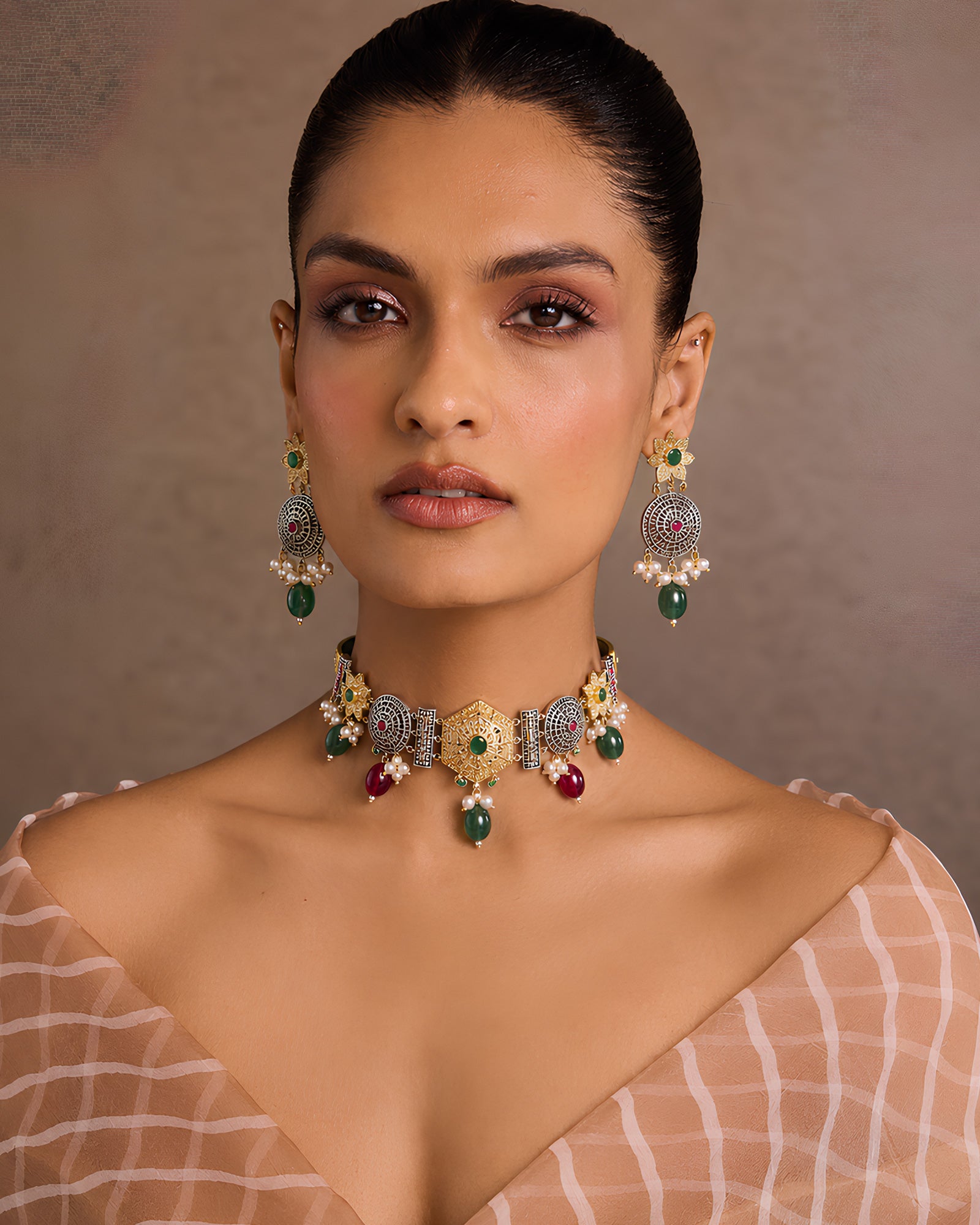 Hexagonal Motif Enamel & Pearl Choker Necklace