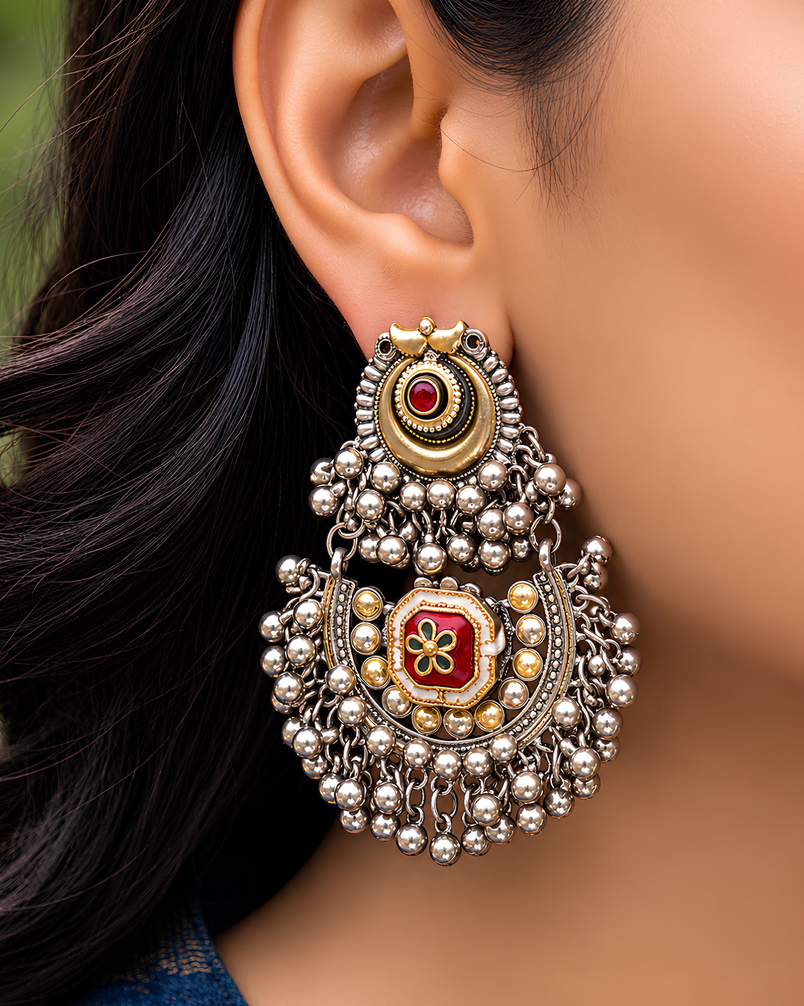 Imperial Ruby Crescent Oxidized Chandbalis