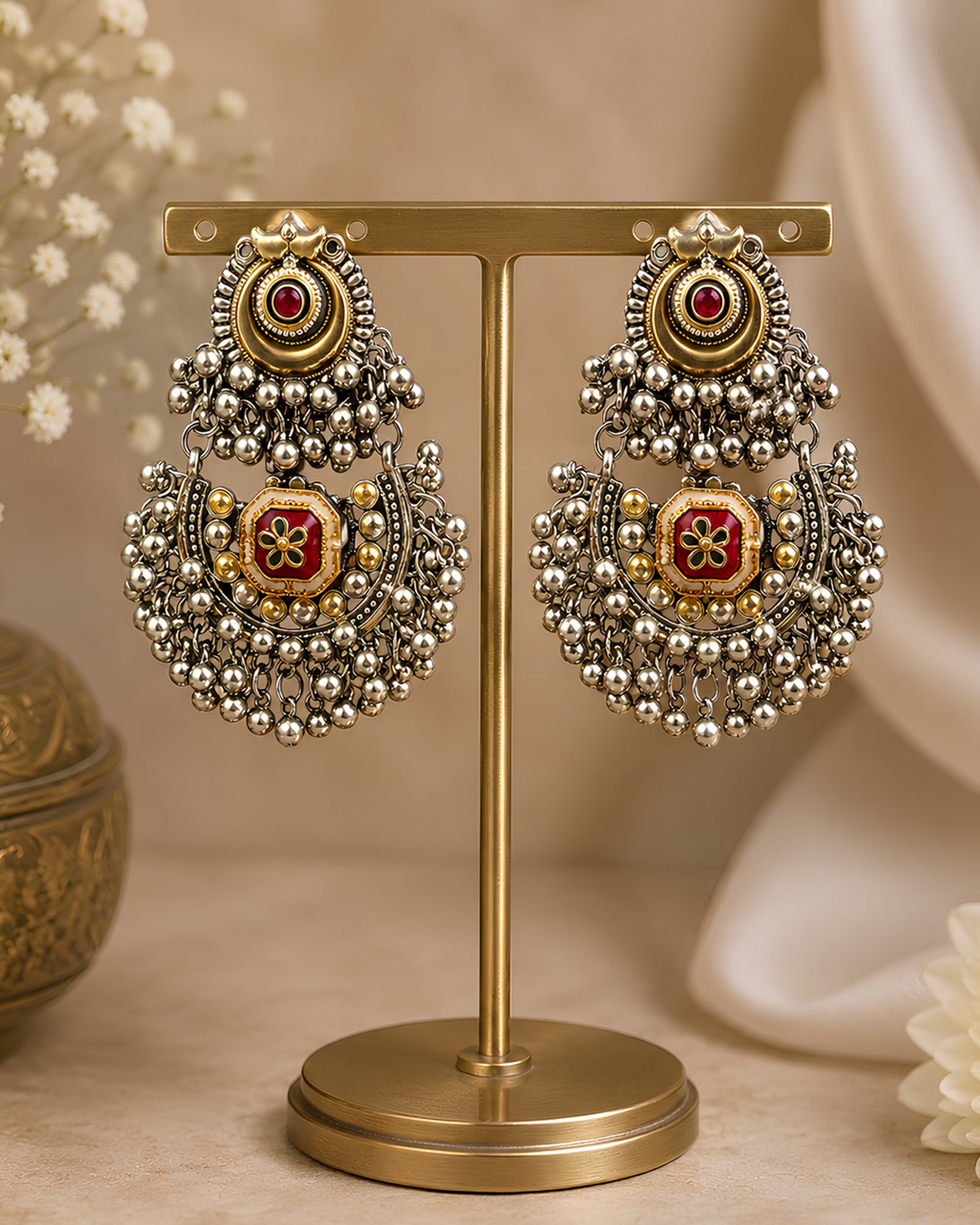 Imperial Ruby Crescent Oxidized Chandbalis