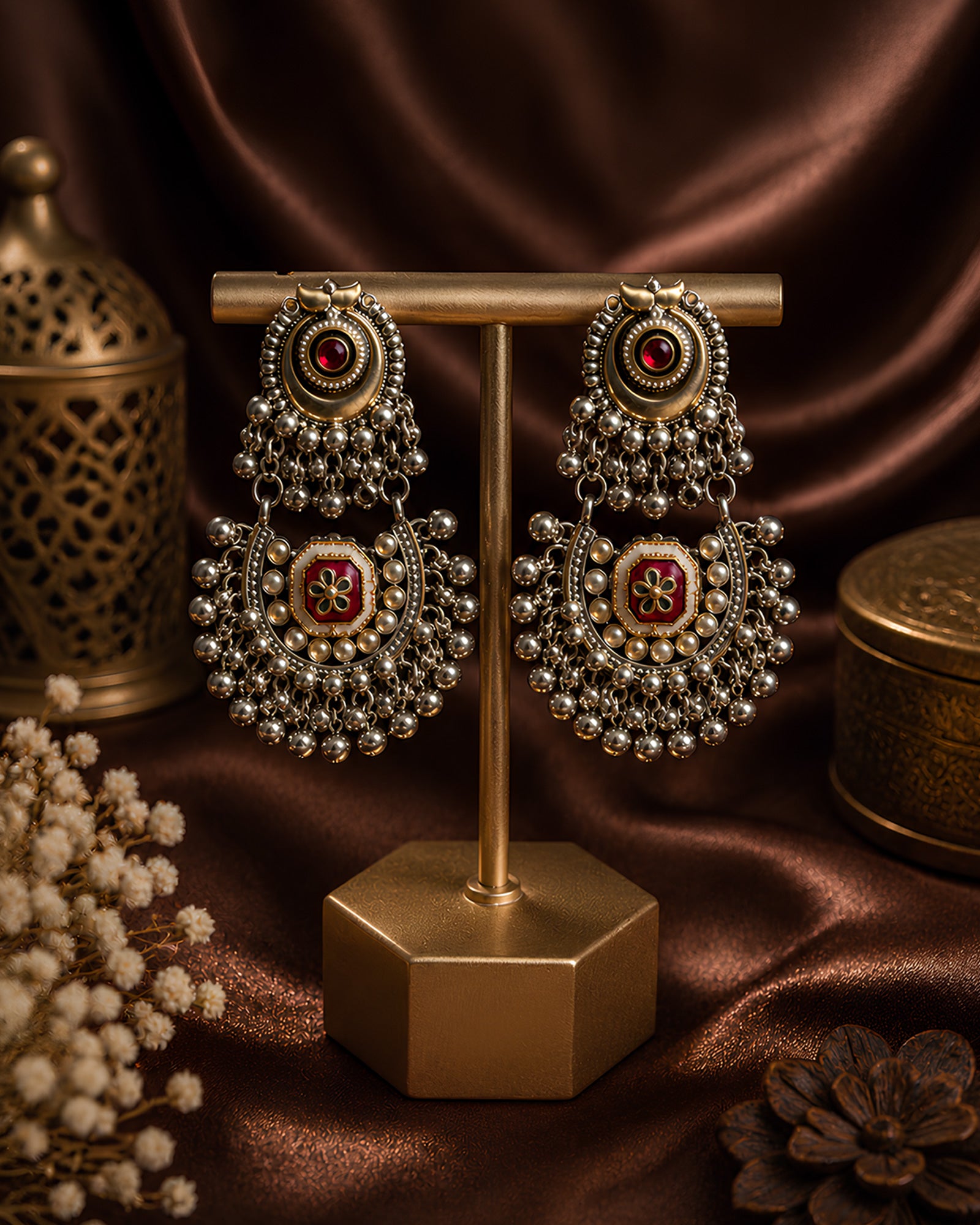 Imperial Ruby Crescent Oxidized Chandbalis