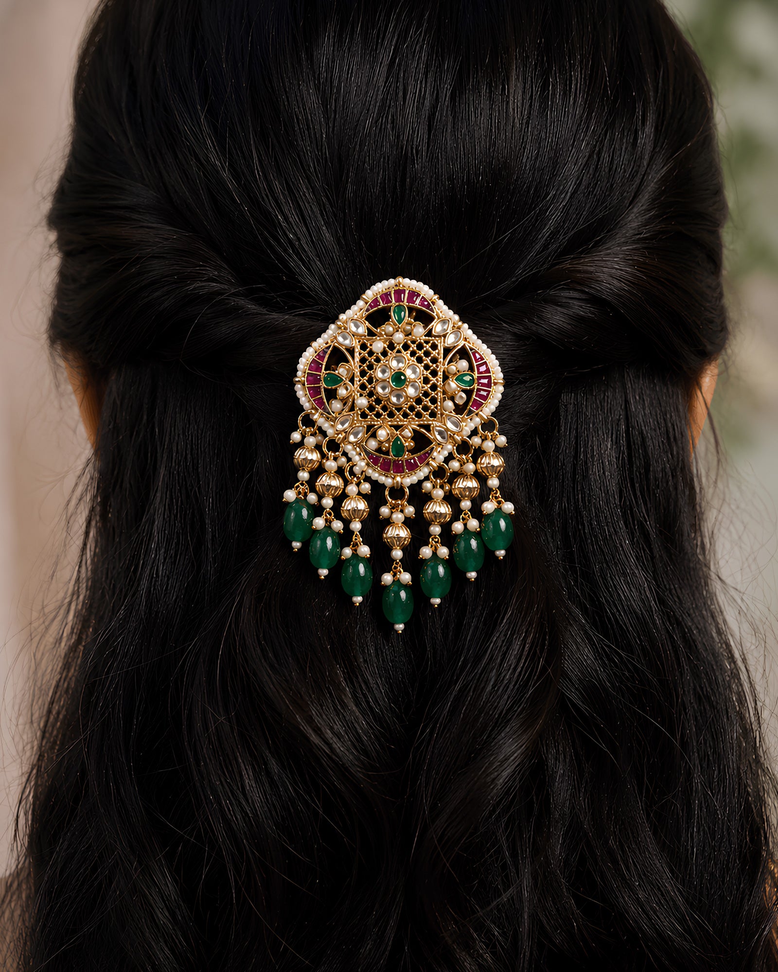 Kundan & Emerald Stone-Studded Floral Hair Brooch