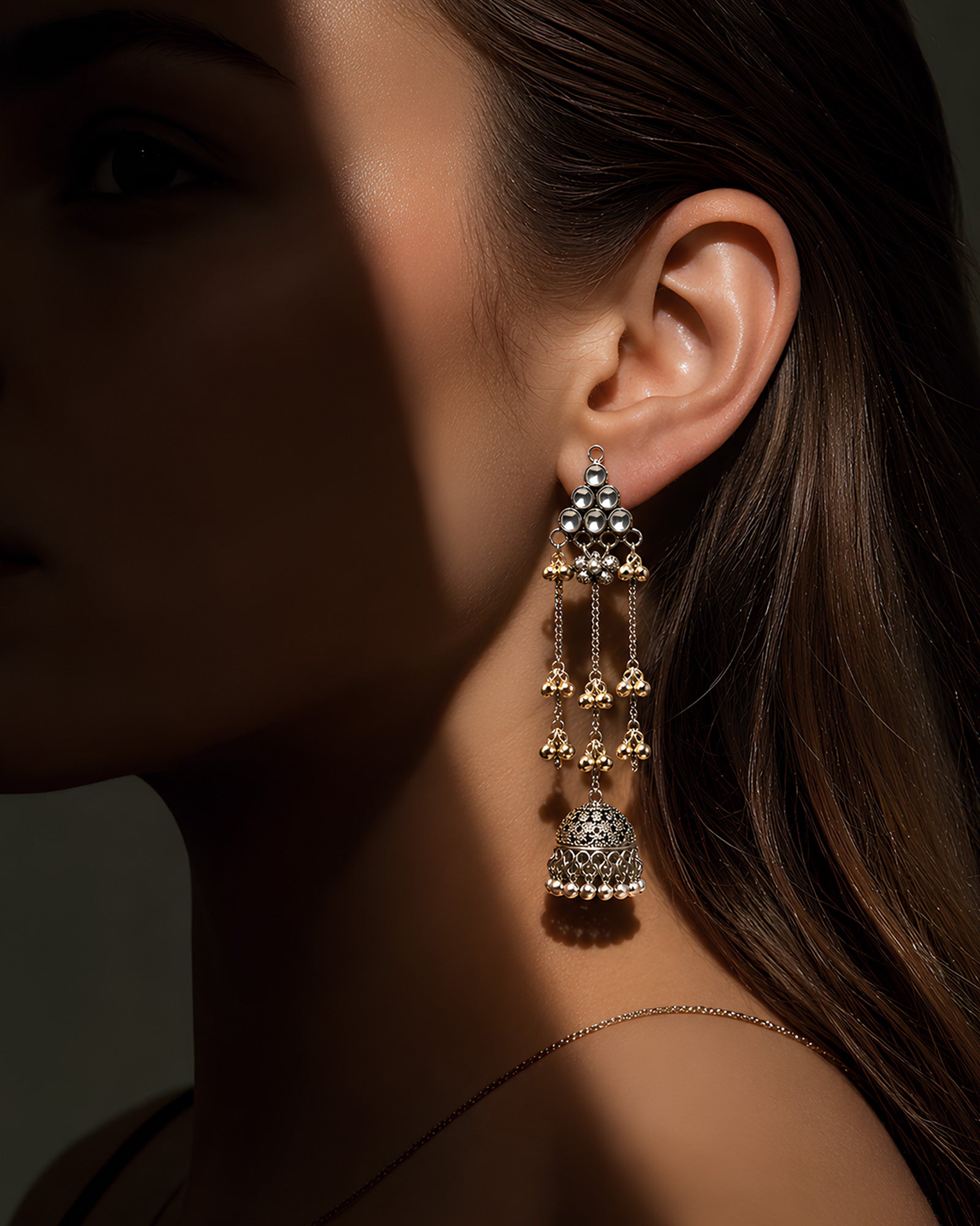 Kundan-Studded Ghungroo Chain Oxidized Jhumkas