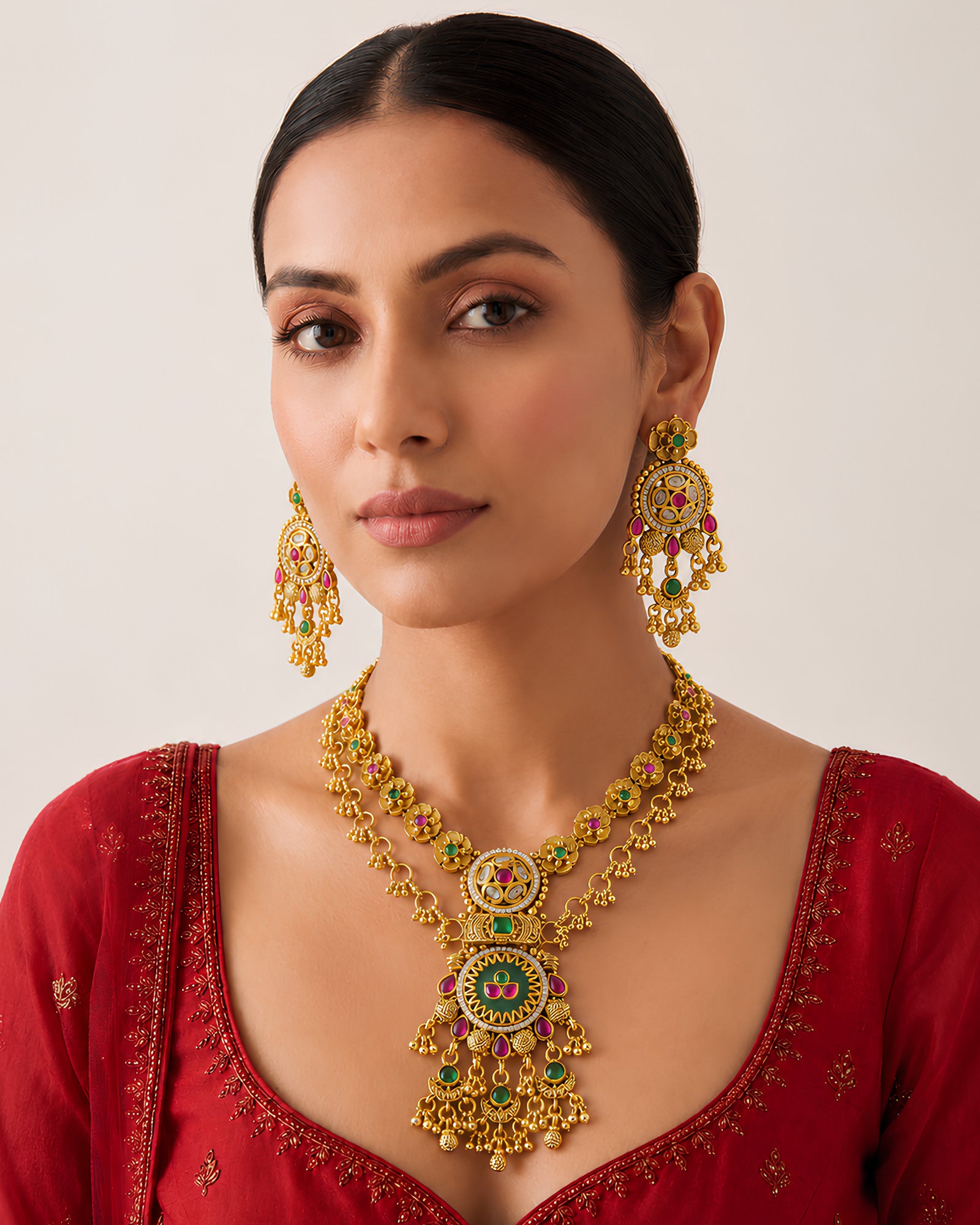 Layered Floral & Gemstone Medallion Necklace Set