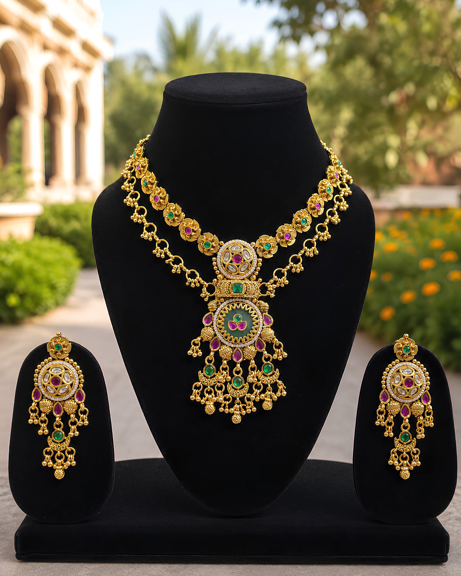 Layered Floral & Gemstone Medallion Necklace Set