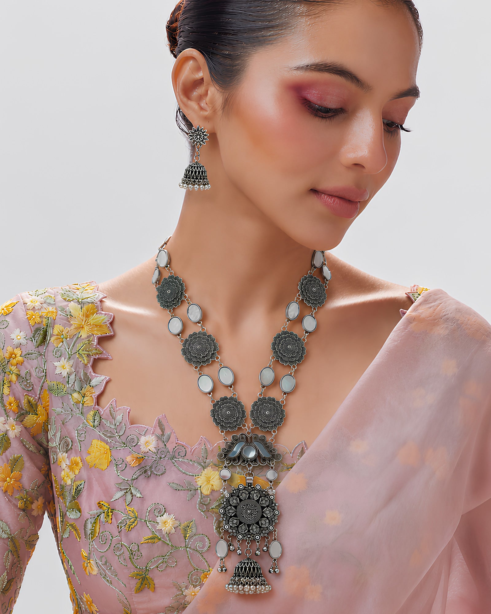 Layered Floral Medallion & Mirror-Inlaid Oxidized Necklace
