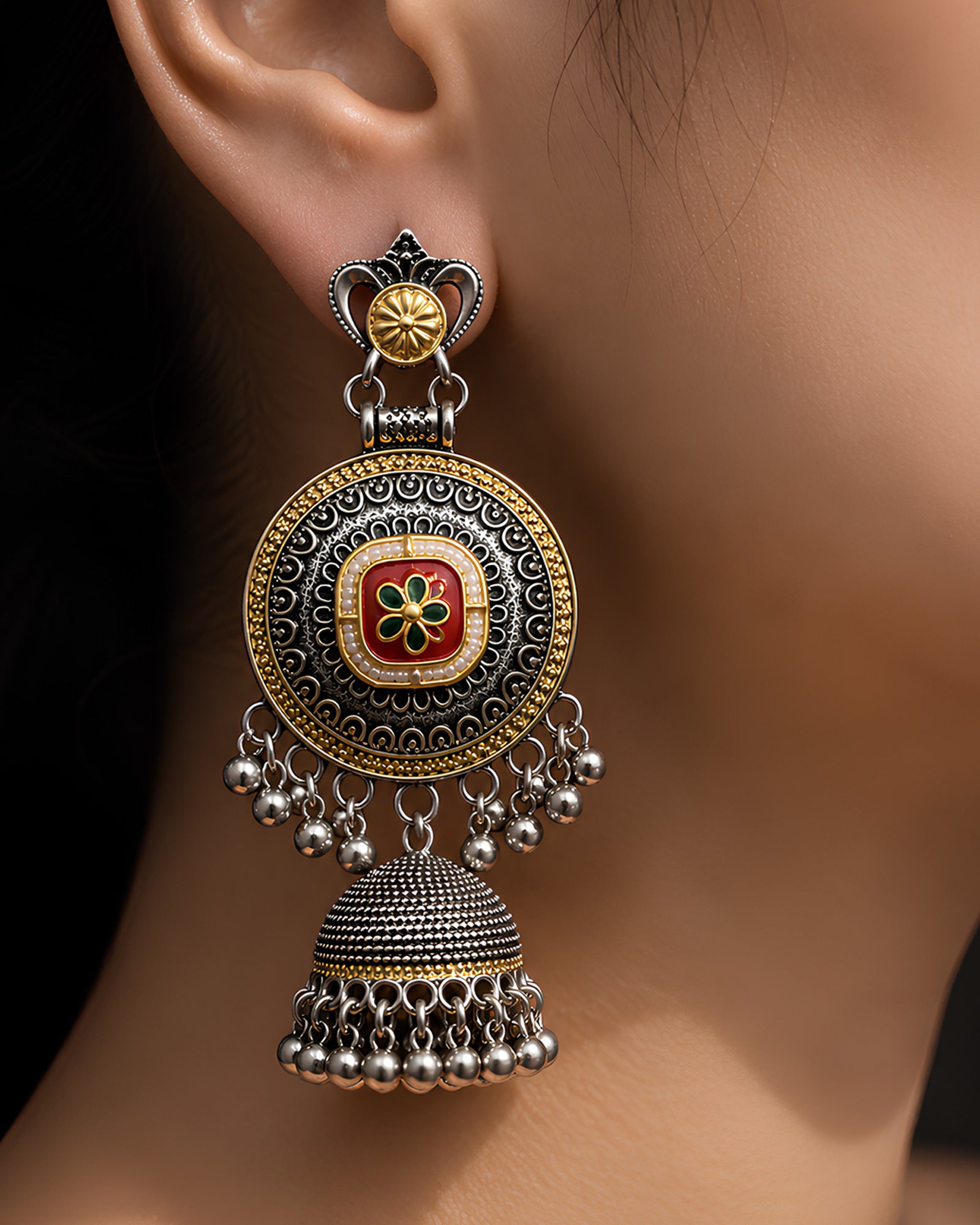 Lotus & Grace Dual-Tone Meenakari Oxidized Jhumkas