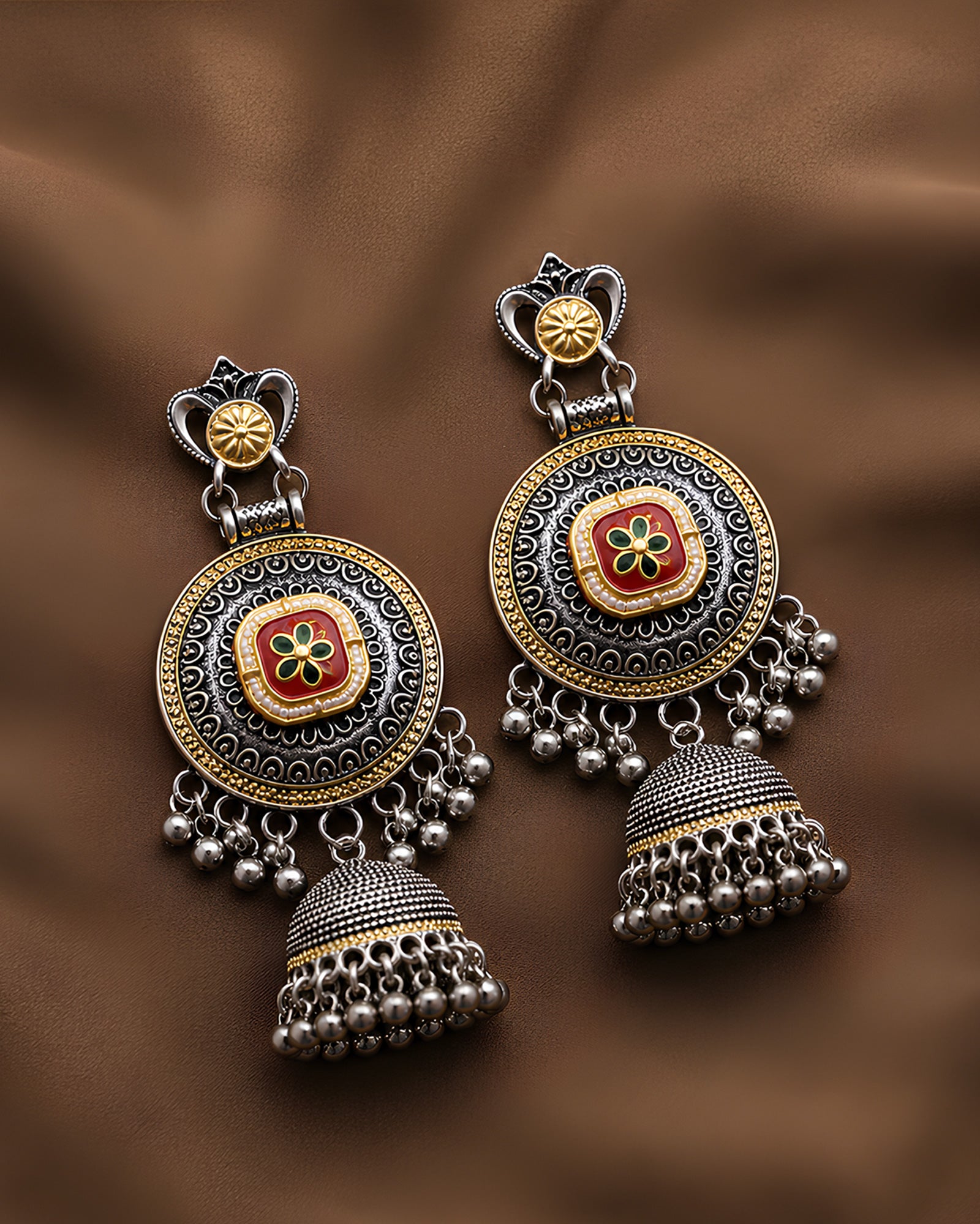 Lotus & Grace Dual-Tone Meenakari Oxidized Jhumkas