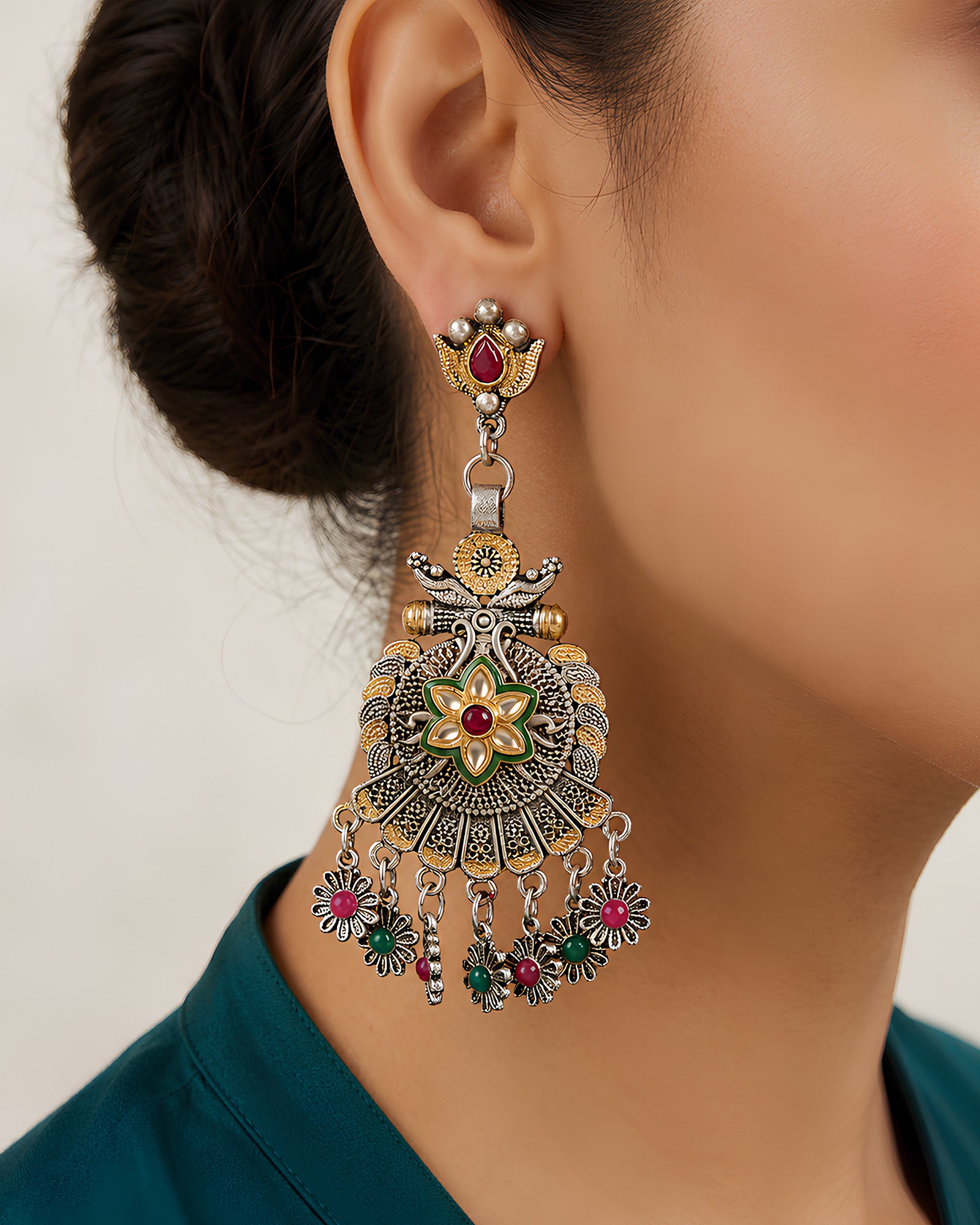 Lotus & Grace Floral Chandelier Oxidized Earrings