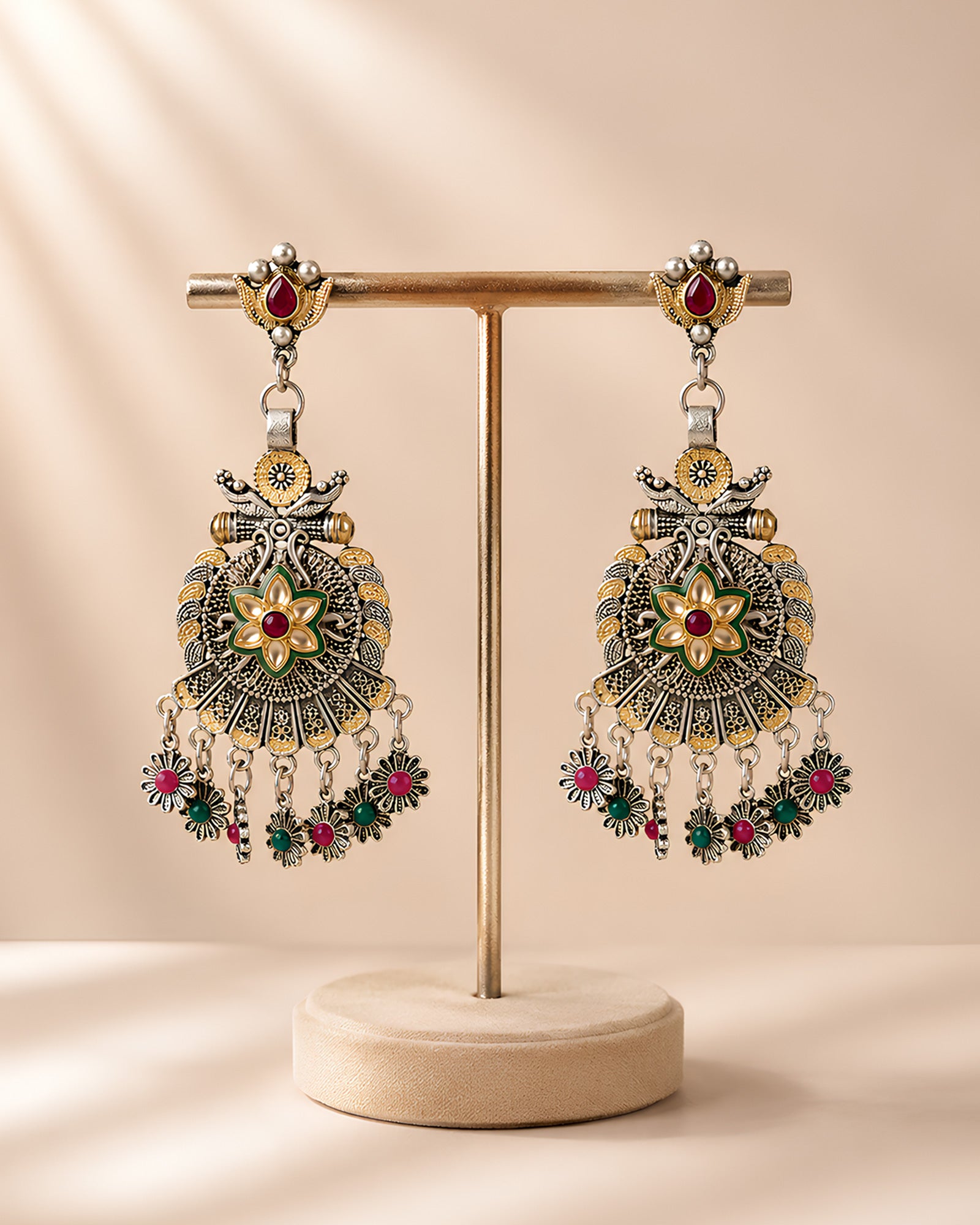 Lotus & Grace Floral Chandelier Oxidized Earrings