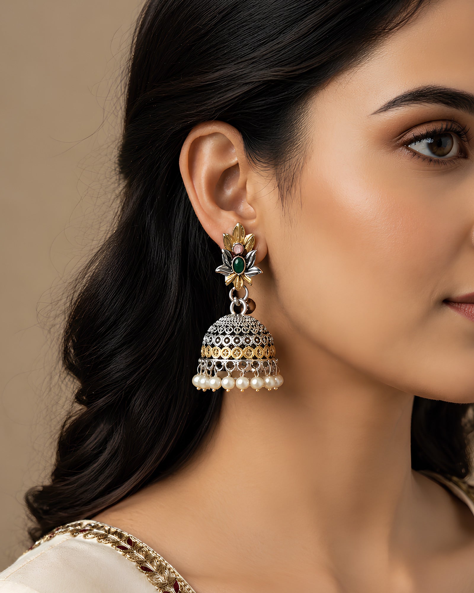 Lotus & Grace Pearl-Fringed Dual-Tone Oxidized Jhumkas