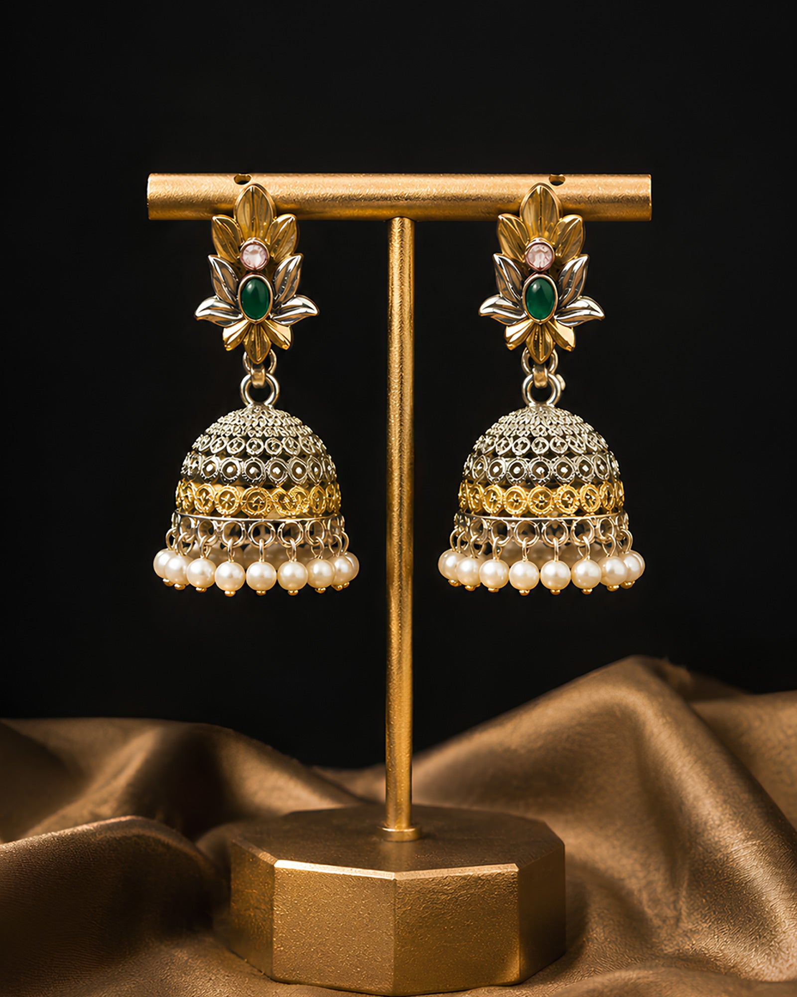 Lotus & Grace Pearl-Fringed Dual-Tone Oxidized Jhumkas