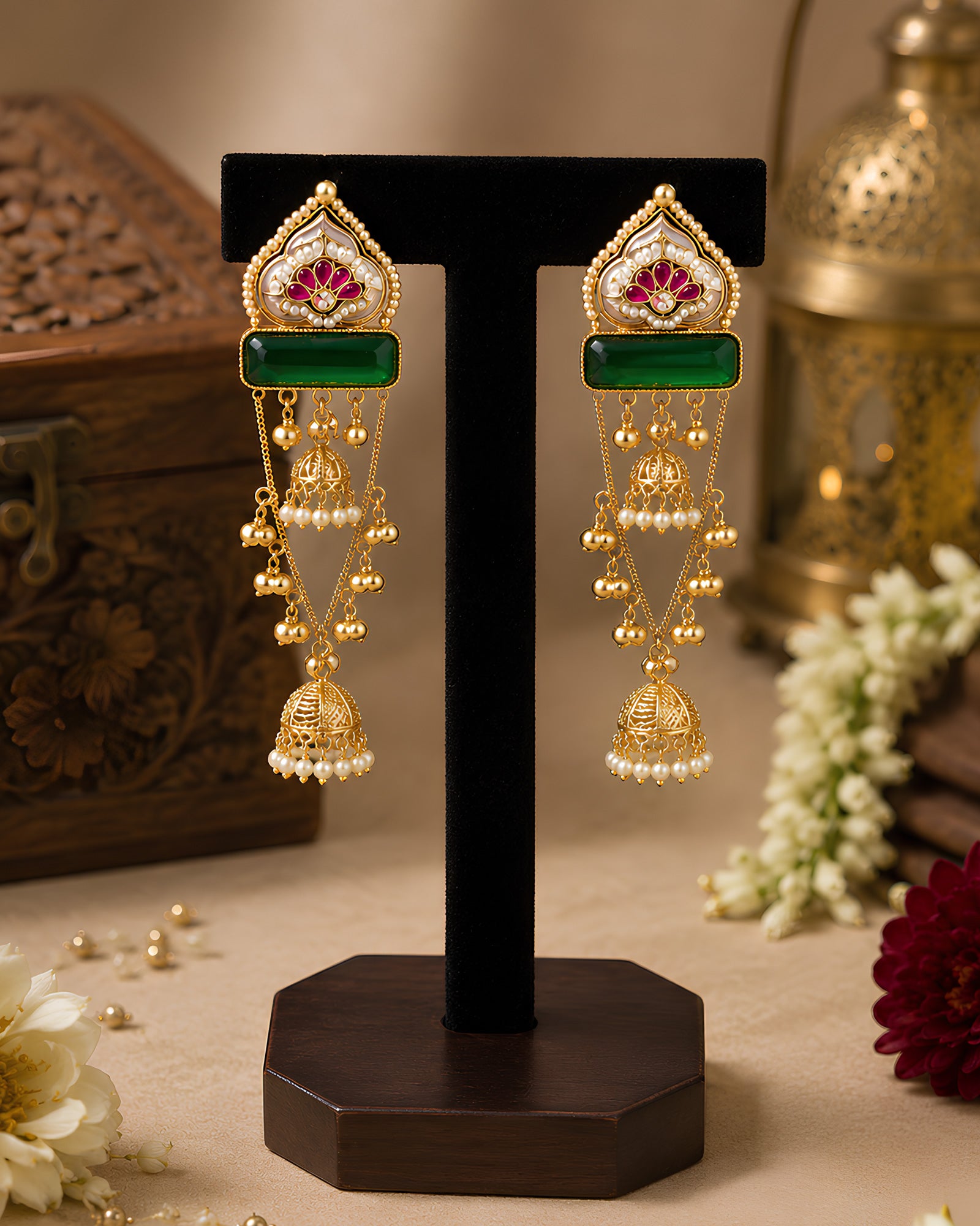 Lotus Motif Gemstone Jhumka Drop Earrings