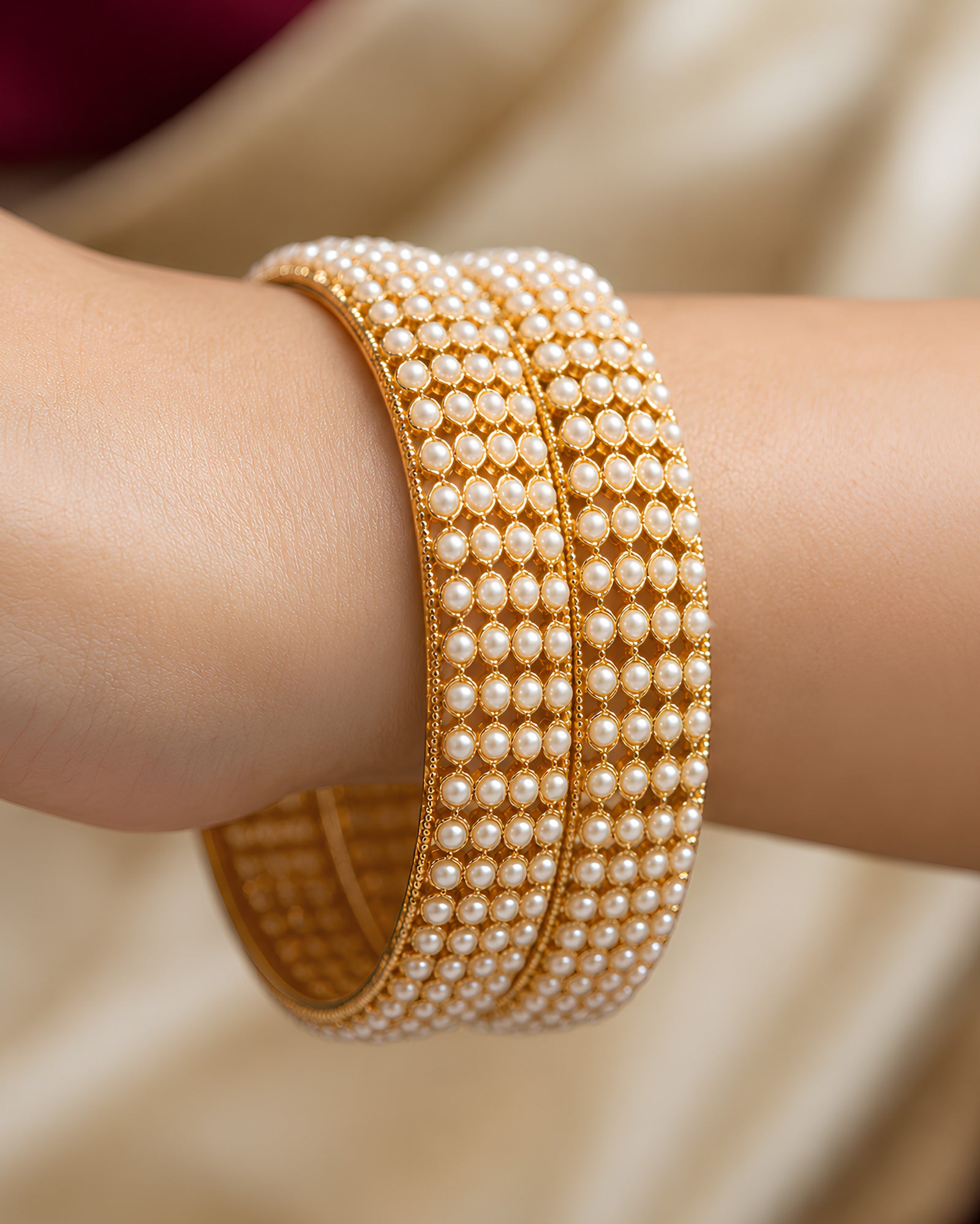 Lustrous Pearl-Mesh Gold-Tone Bangles