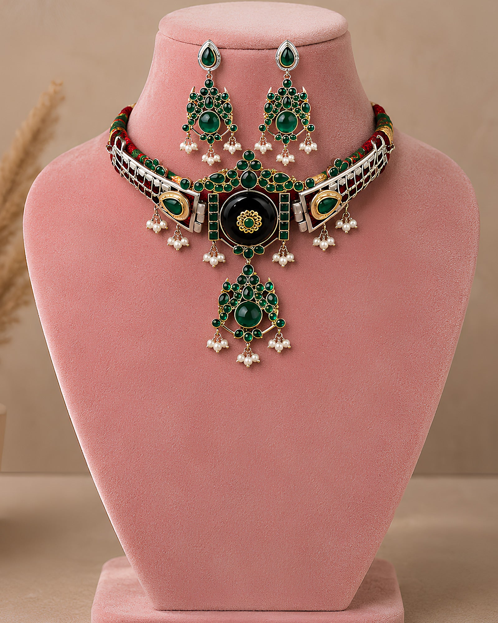 Majestic Green Stone Statement Choker Set