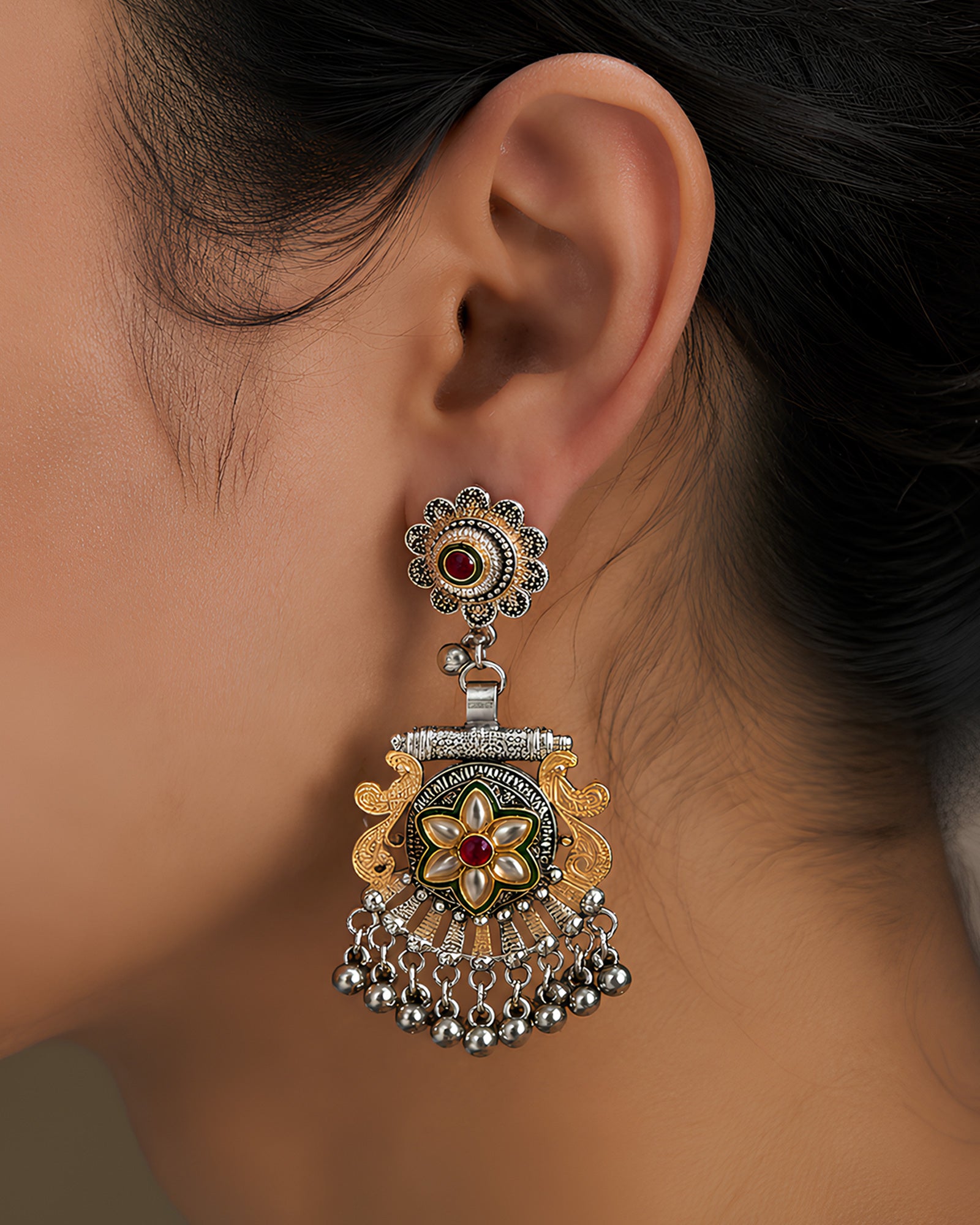Mayura Bloom Meenakari Oxidized Jhumkas