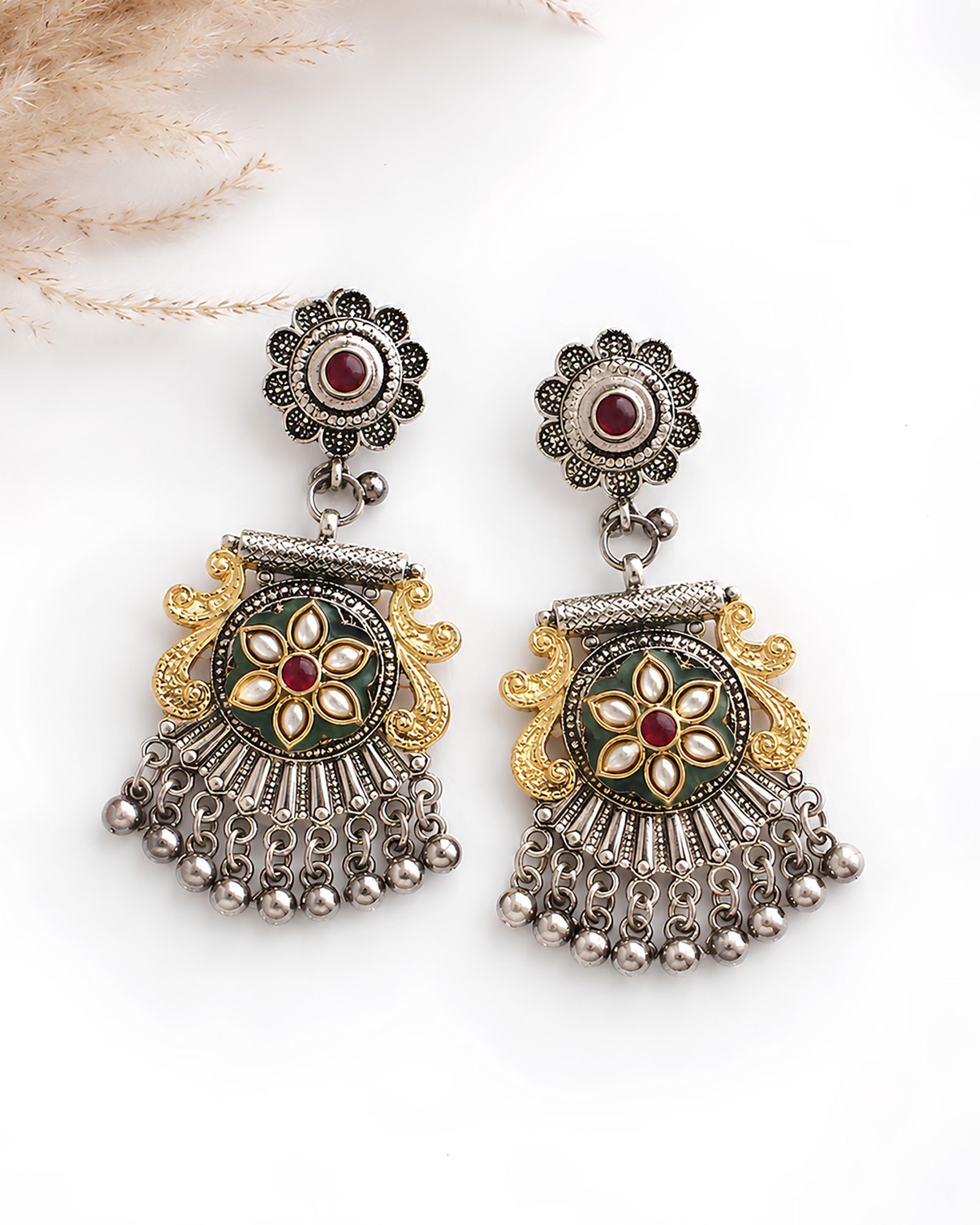 Mayura Bloom Meenakari Oxidized Jhumkas