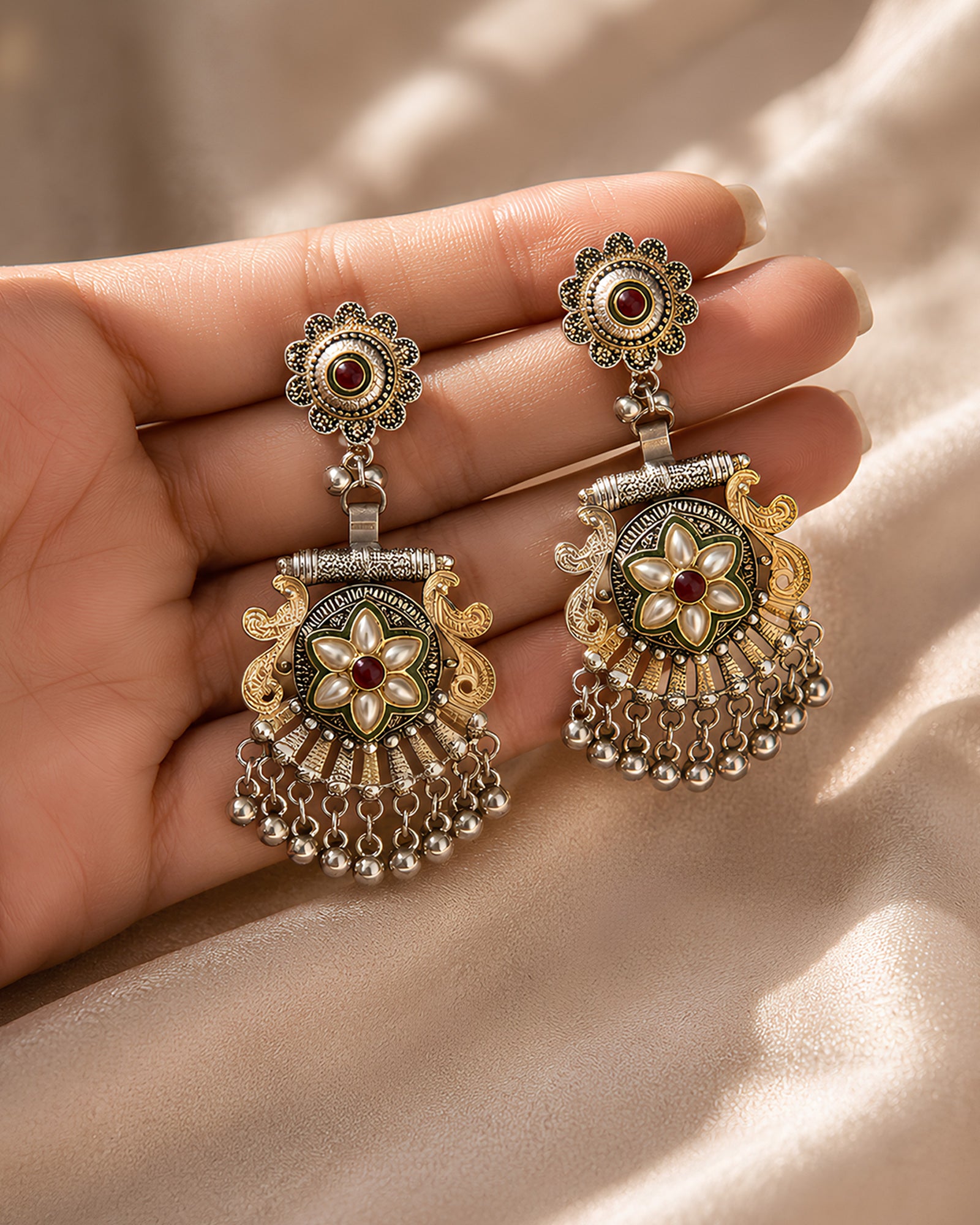 Mayura Bloom Meenakari Oxidized Jhumkas