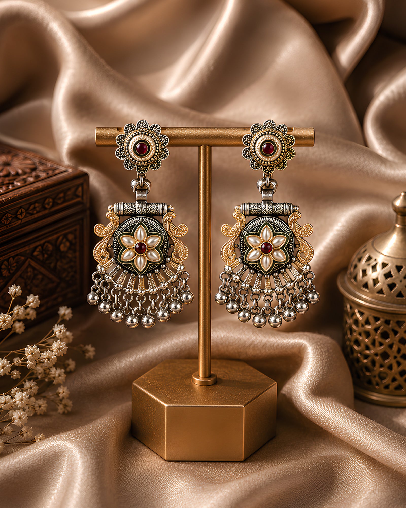 Mayura Bloom Meenakari Oxidized Jhumkas