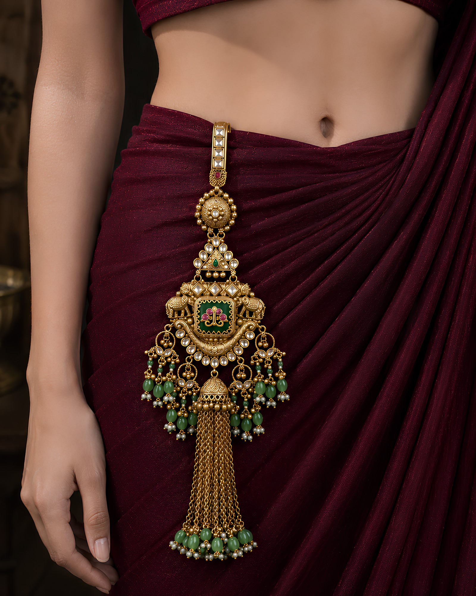Meenakari Emerald Bead-Tassel Gold-Plated Judapin