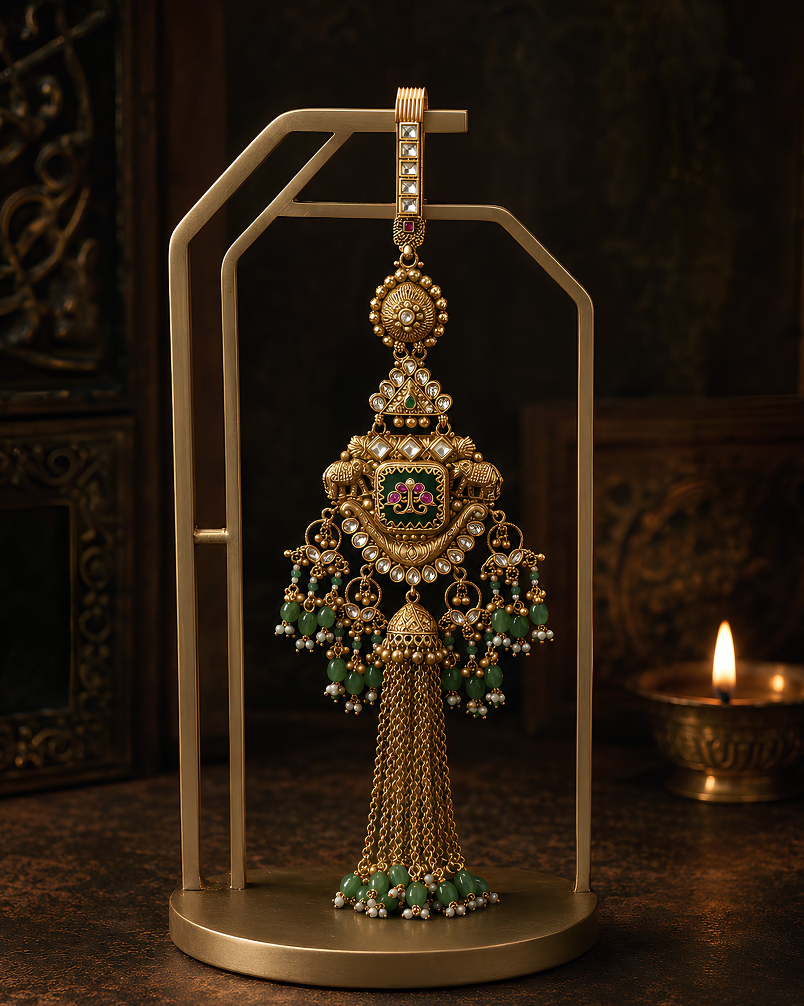 Meenakari Emerald Bead-Tassel Gold-Plated Judapin