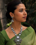 Mirror-Embellished Floral Motif Oxidized Necklace