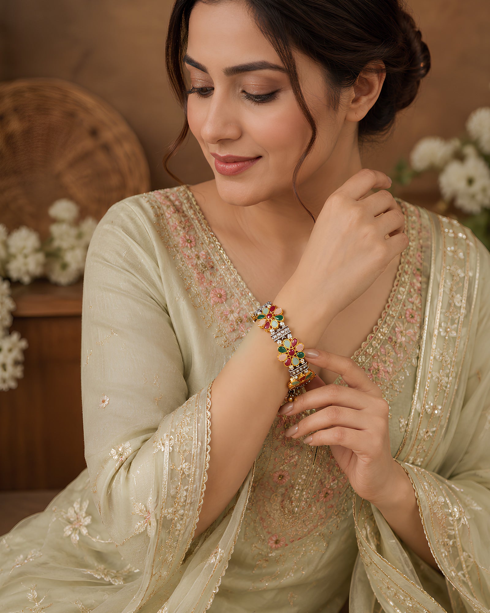 Multi-Color Meenakari Floral Medallion & Paneled Link Kada