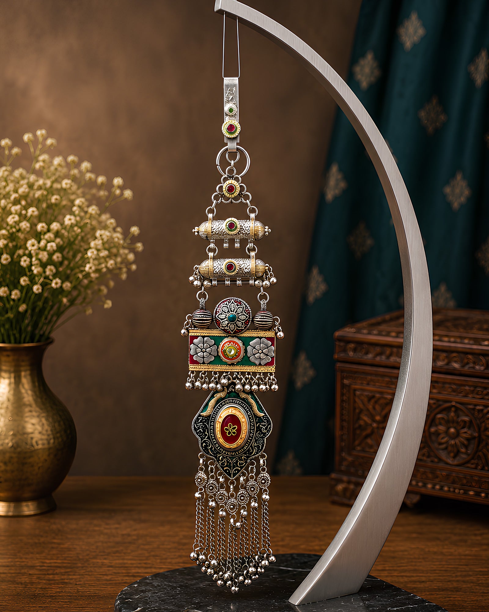 Multi-Color Meenakari Floral Panel & Cascading Ghungroo Juda Pin