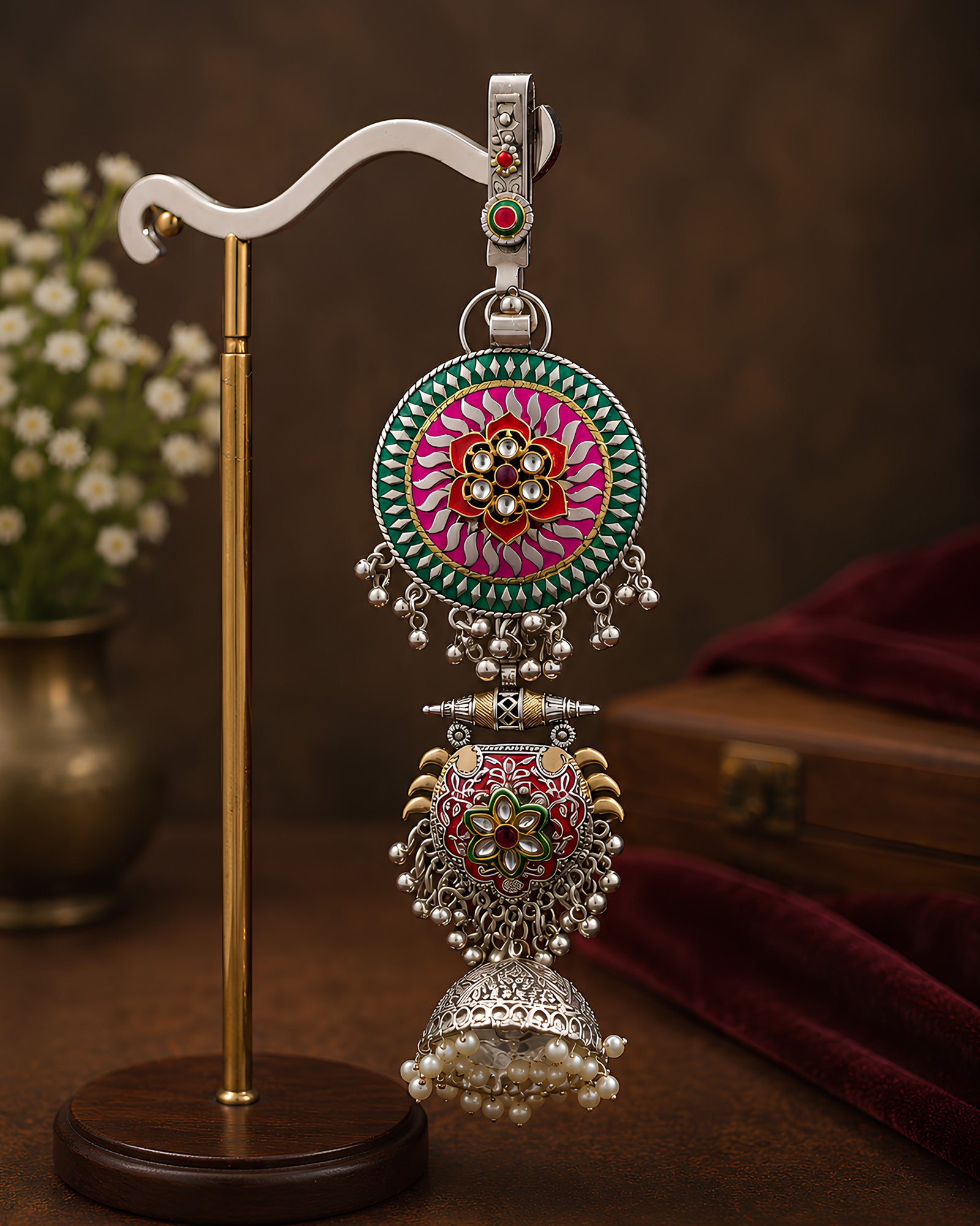 Multi-Color Meenakari Lotus Medallion & Pearl Jhumka Juda Pin