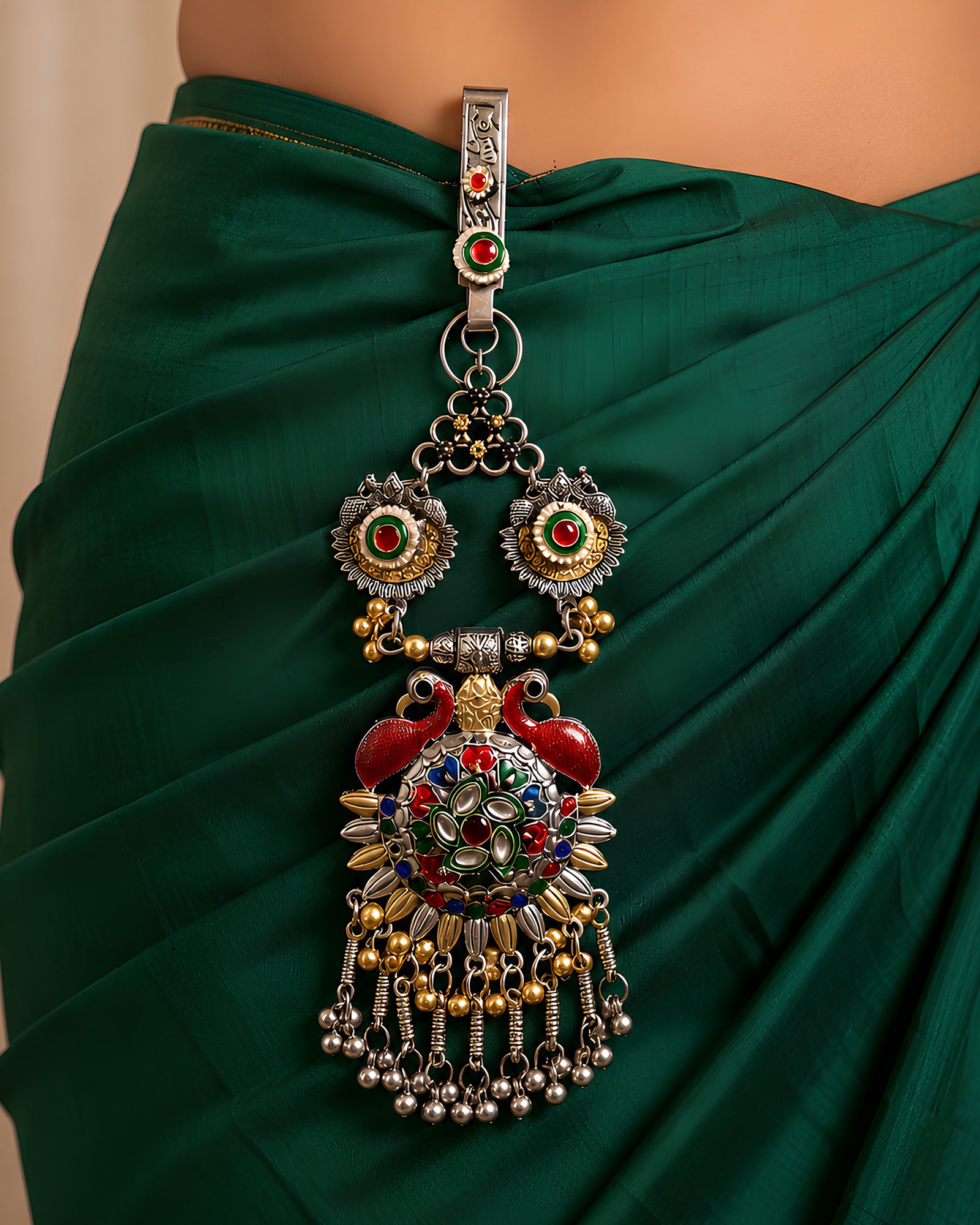 Multi-Color Meenakari Peacock Medallion & Ghungroo Cascading Juda Pin