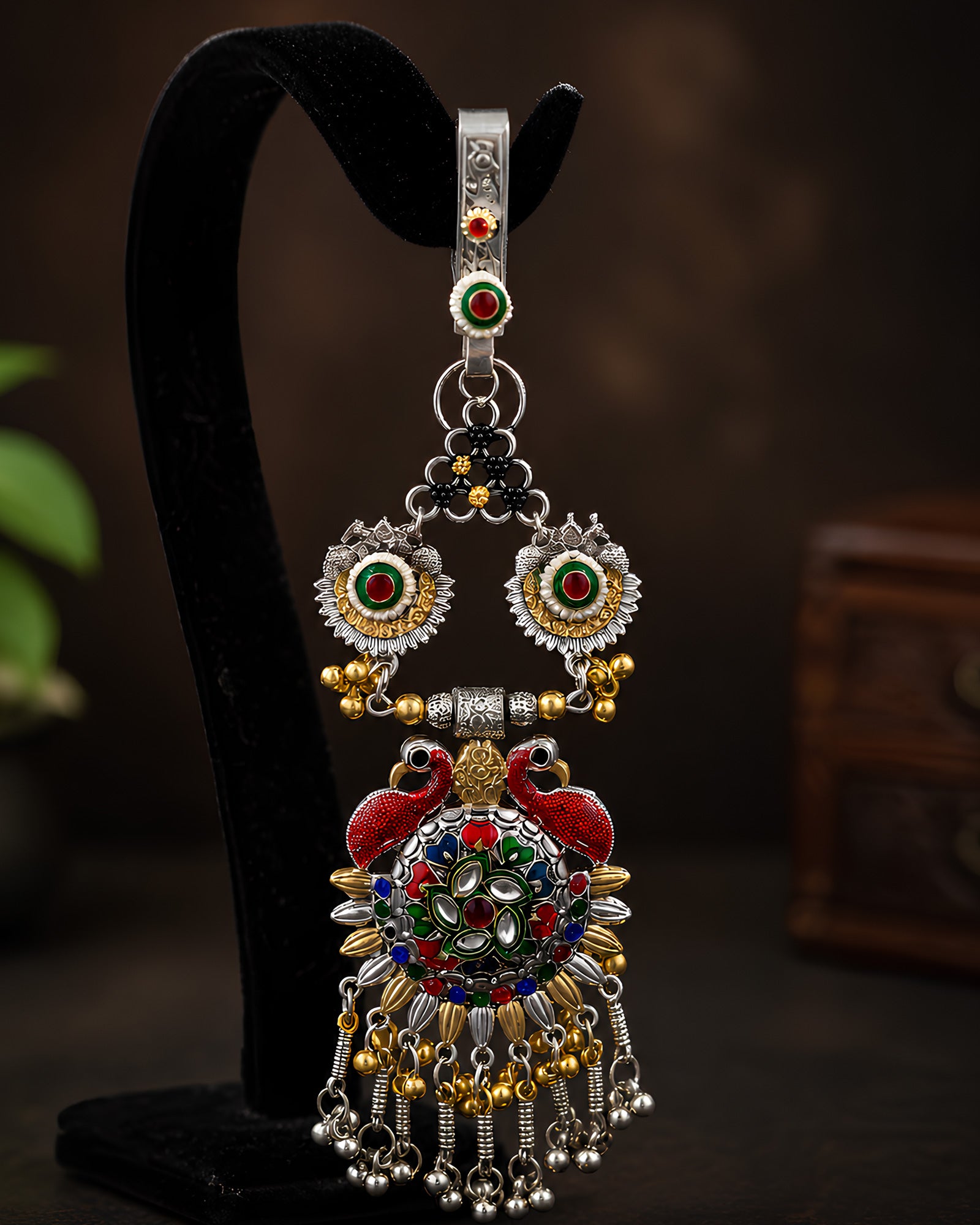 Multi-Color Meenakari Peacock Medallion & Ghungroo Cascading Juda Pin