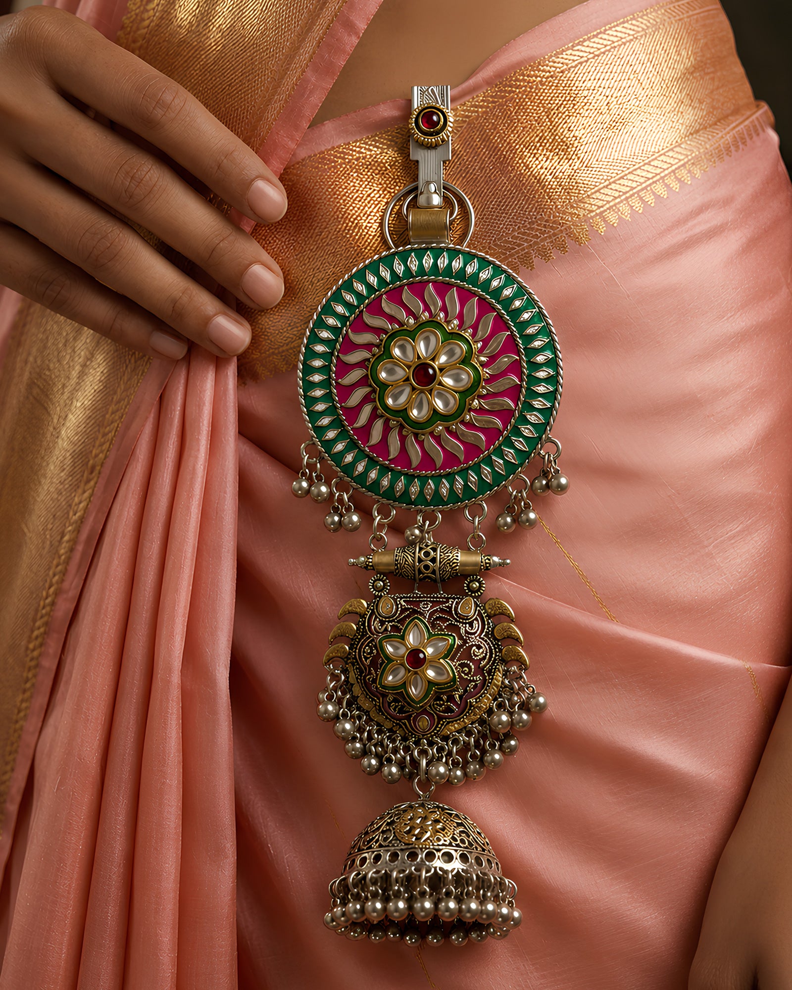 Multi-Color Meenakari Sunburst Medallion & Ghungroo Jhumka Juda Pin