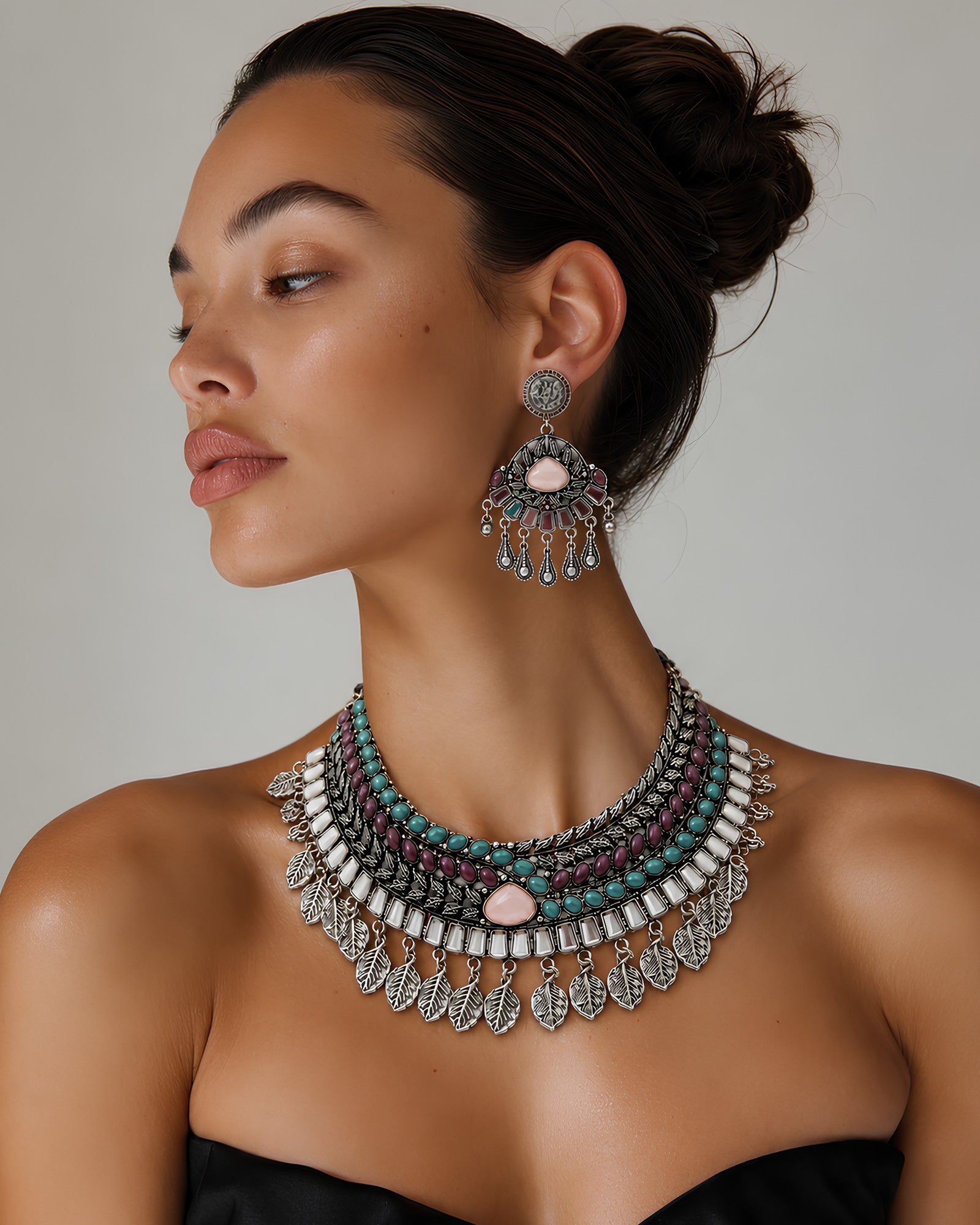 Multi-Gemstone & Leaf-Fringed Oxidized Choker