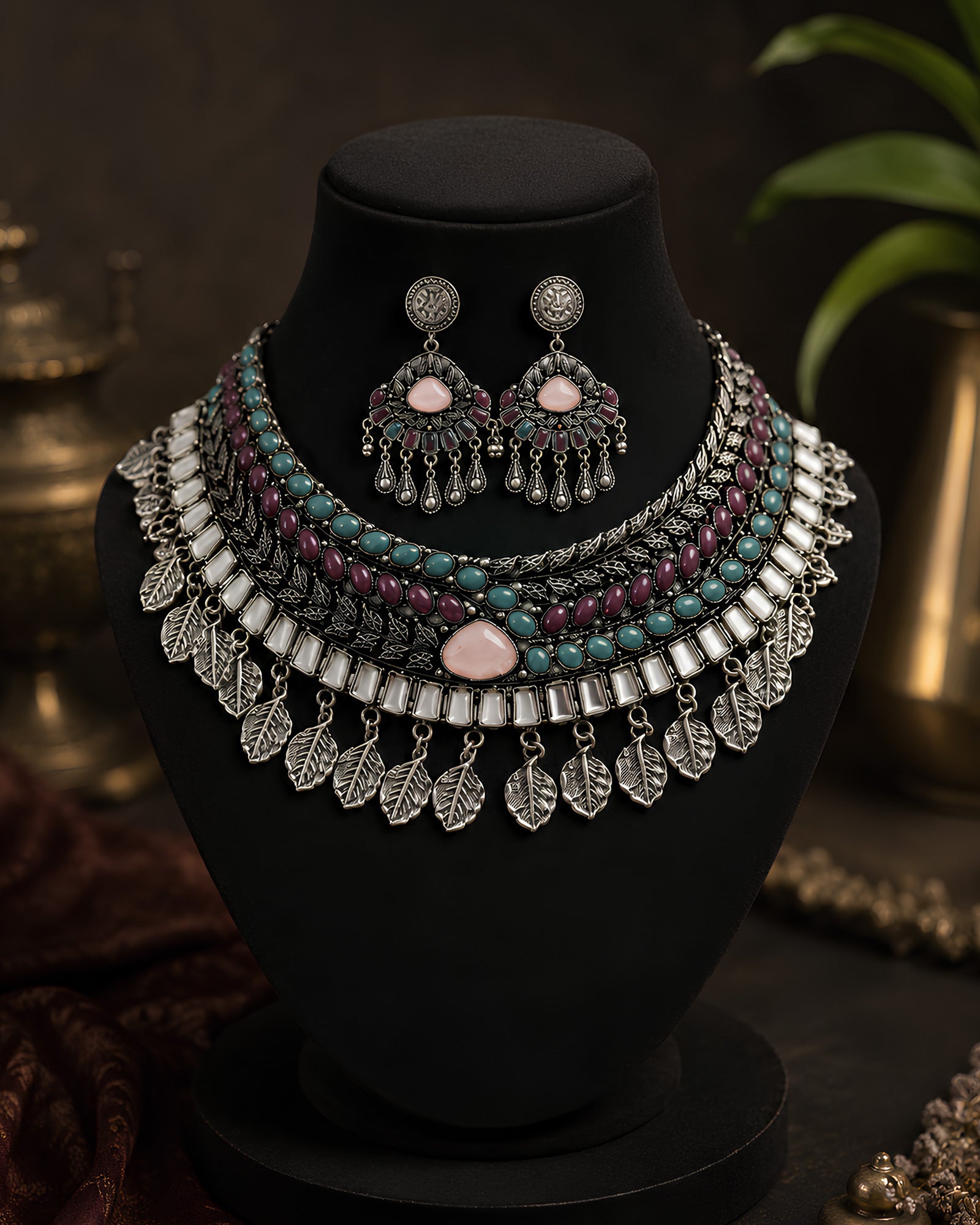 Multi-Gemstone & Leaf-Fringed Oxidized Choker
