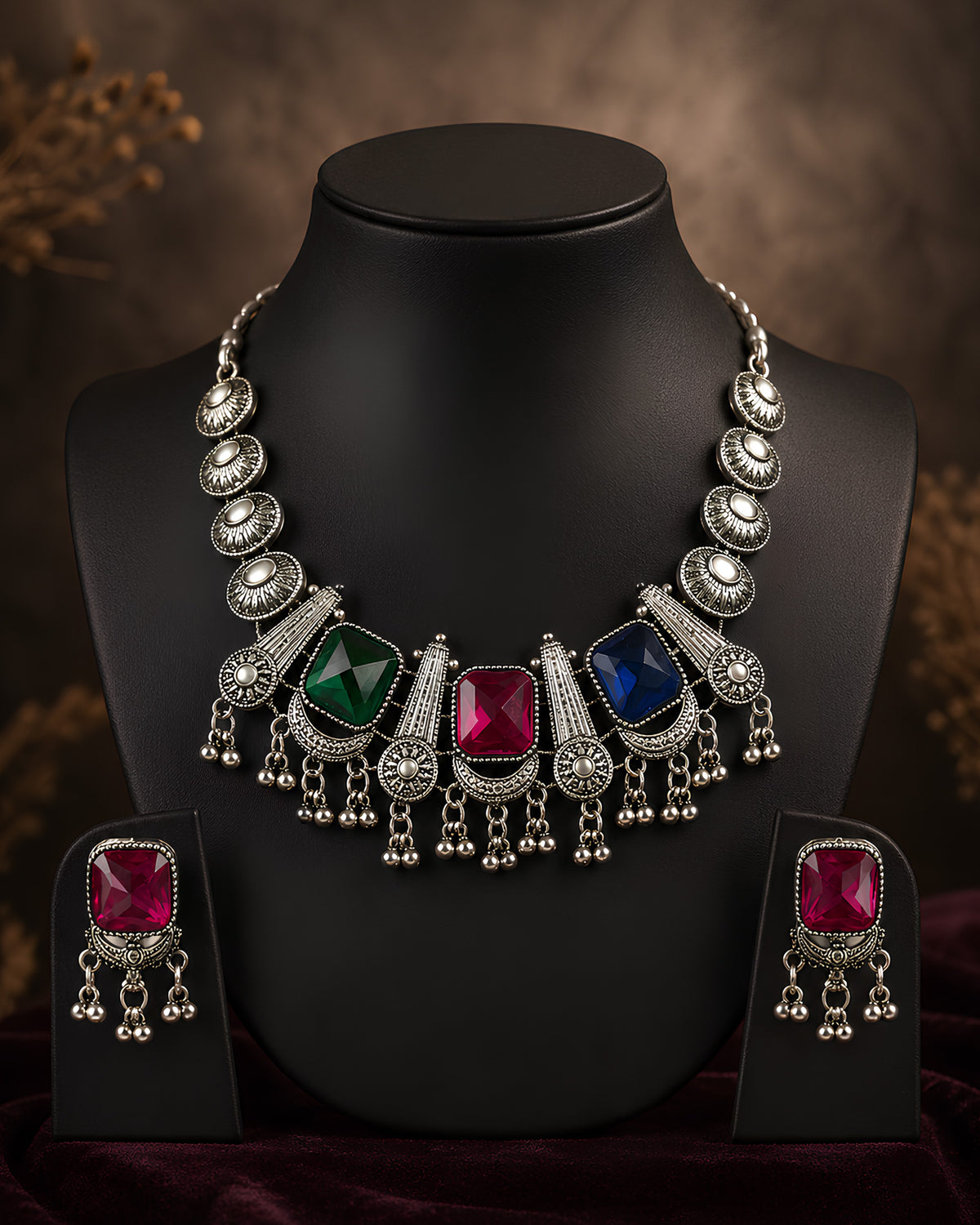 Multi-Gemstone Colorblock Oxidized Silver Necklace