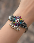 Multi-Gemstone Floral Cluster Oxidized Kada
