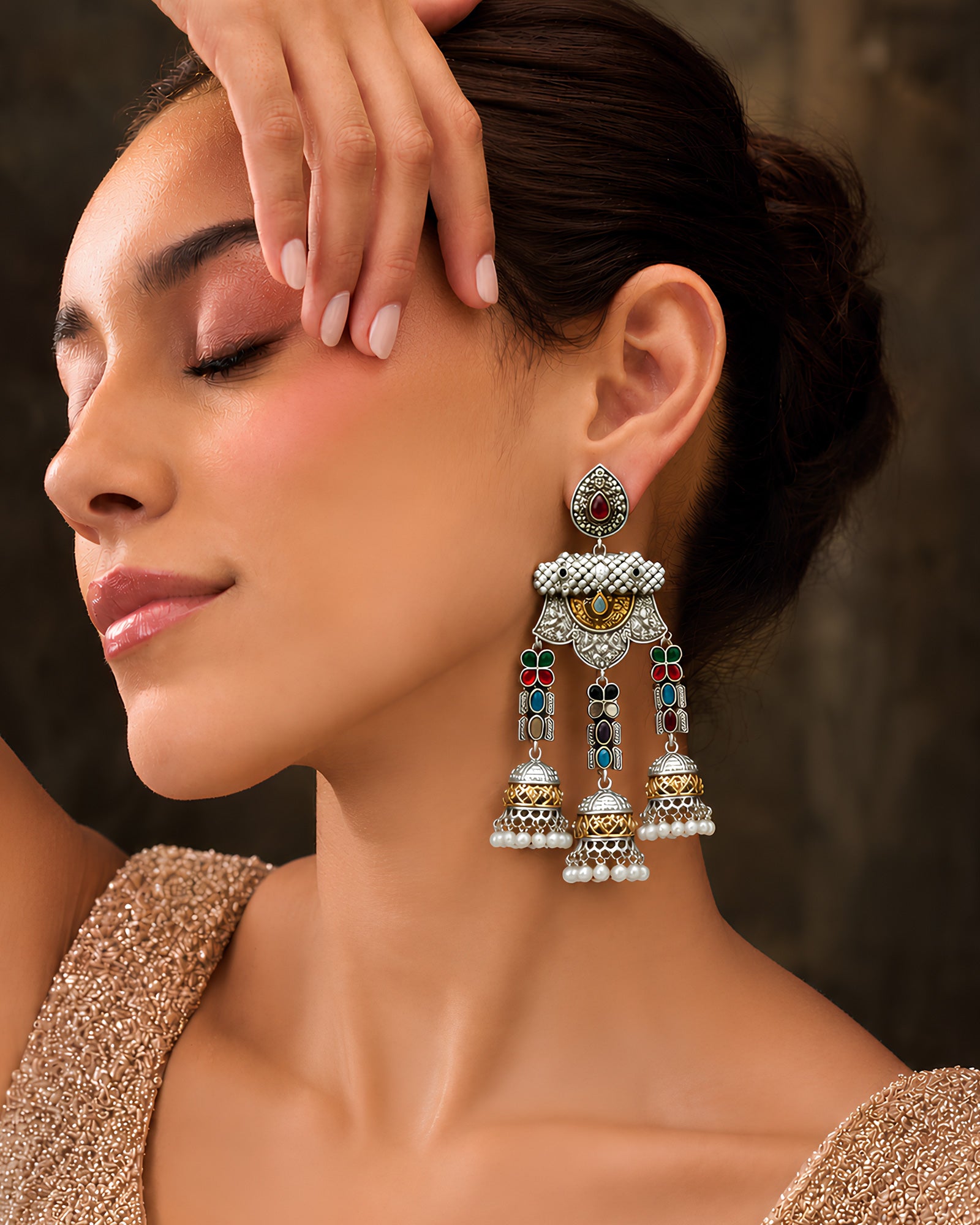 Multi-Jhumka Enamel Statement Earrings