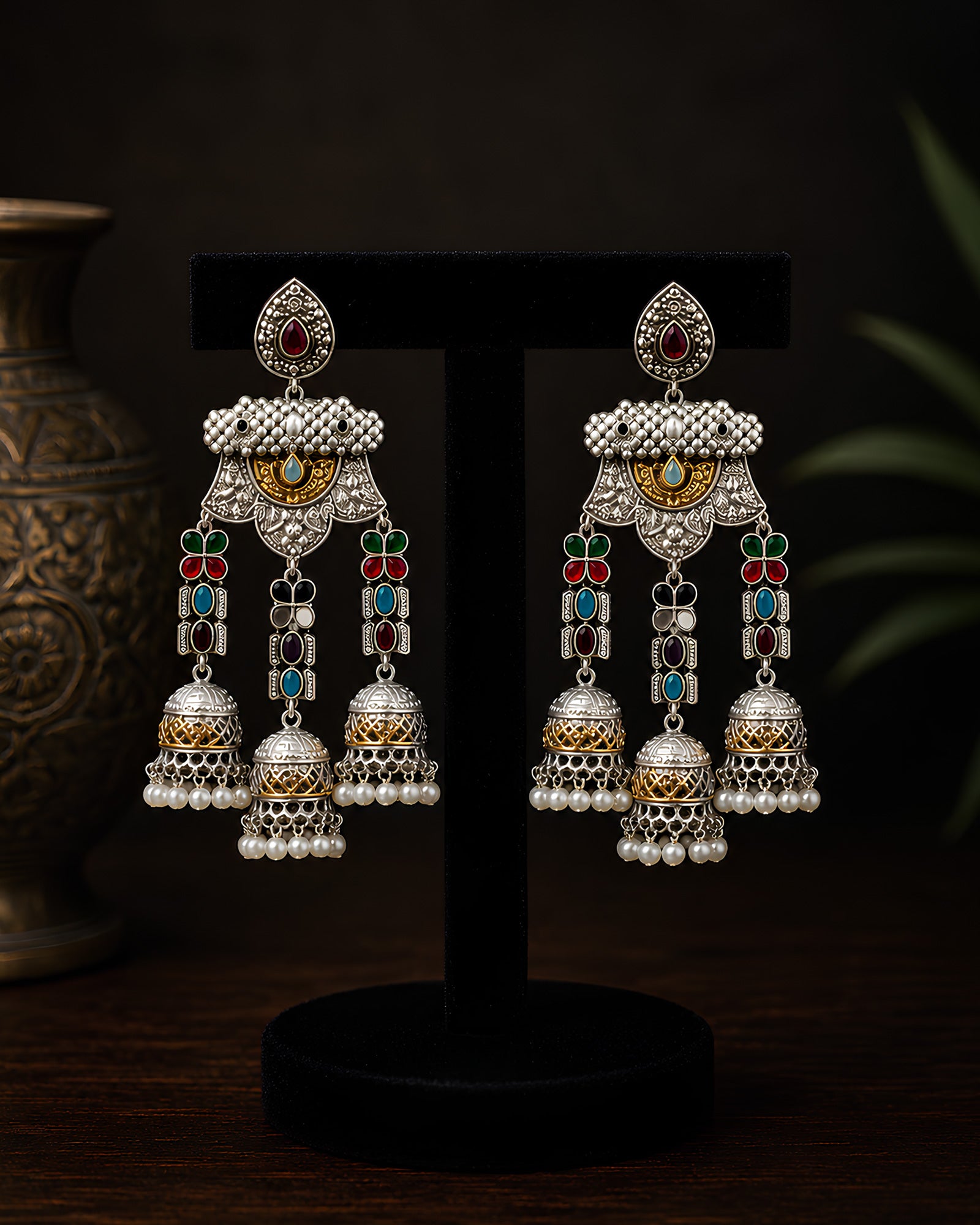 Multi-Jhumka Enamel Statement Earrings