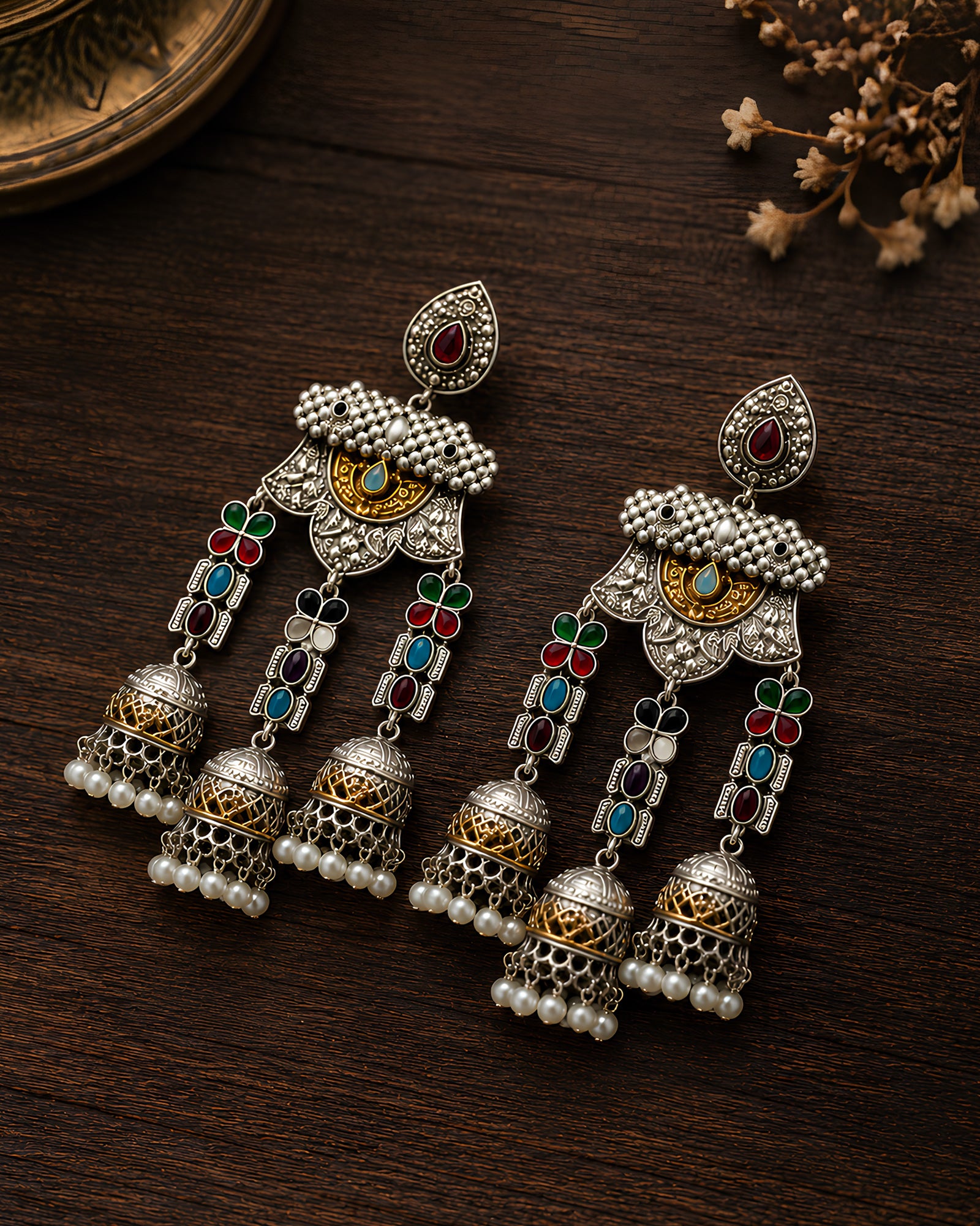 Multi-Jhumka Enamel Statement Earrings