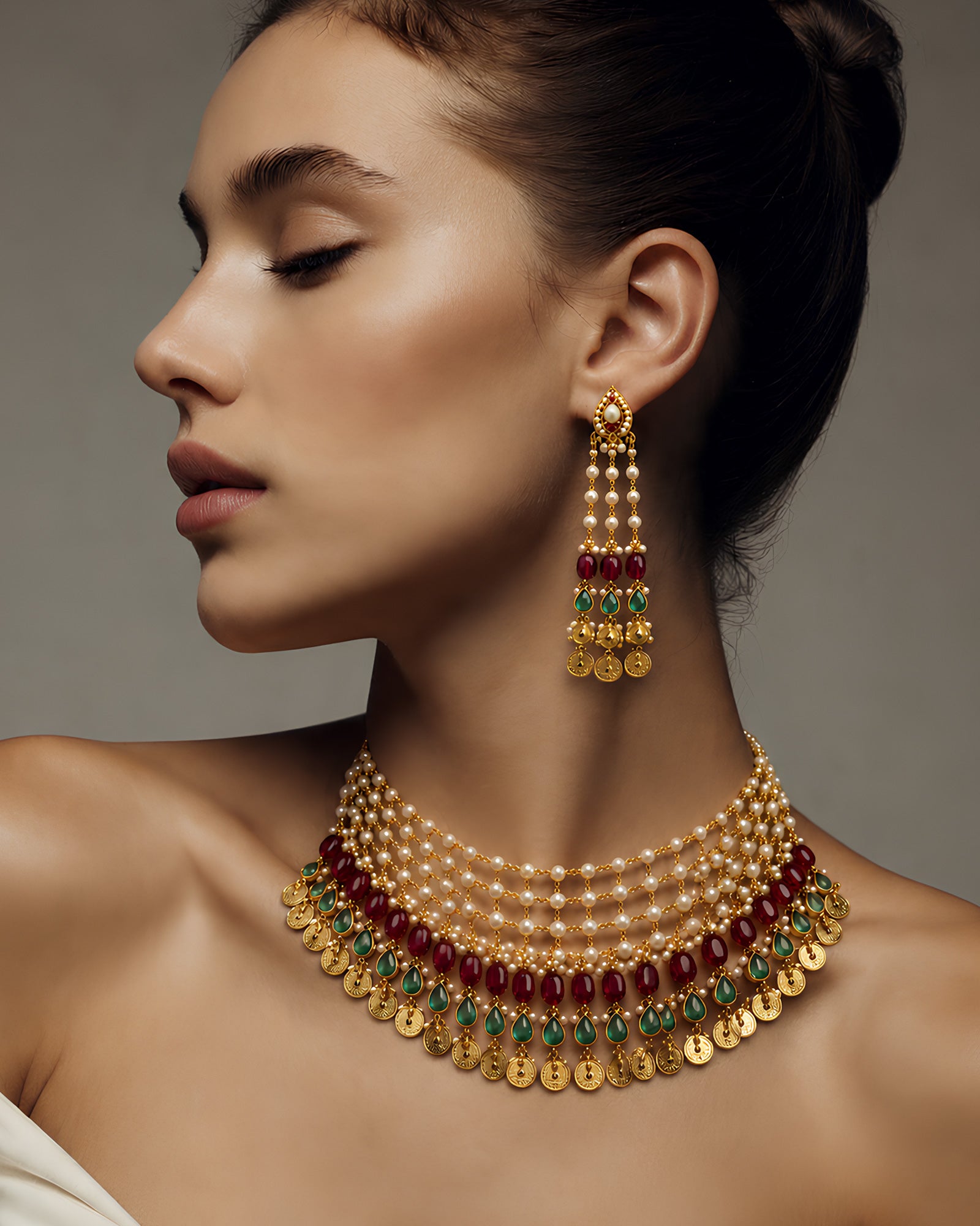 Multi-Layered Pearl & Gemstone Coin Necklace Set